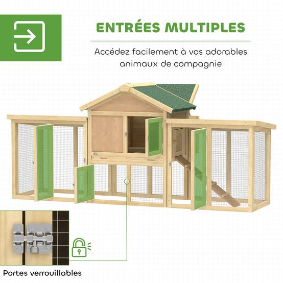 Poulailler chalet multi-équipé : rampes, nichoirs, bac, bois massif 204 x 85 x 93 cm bois naturel - Image 7