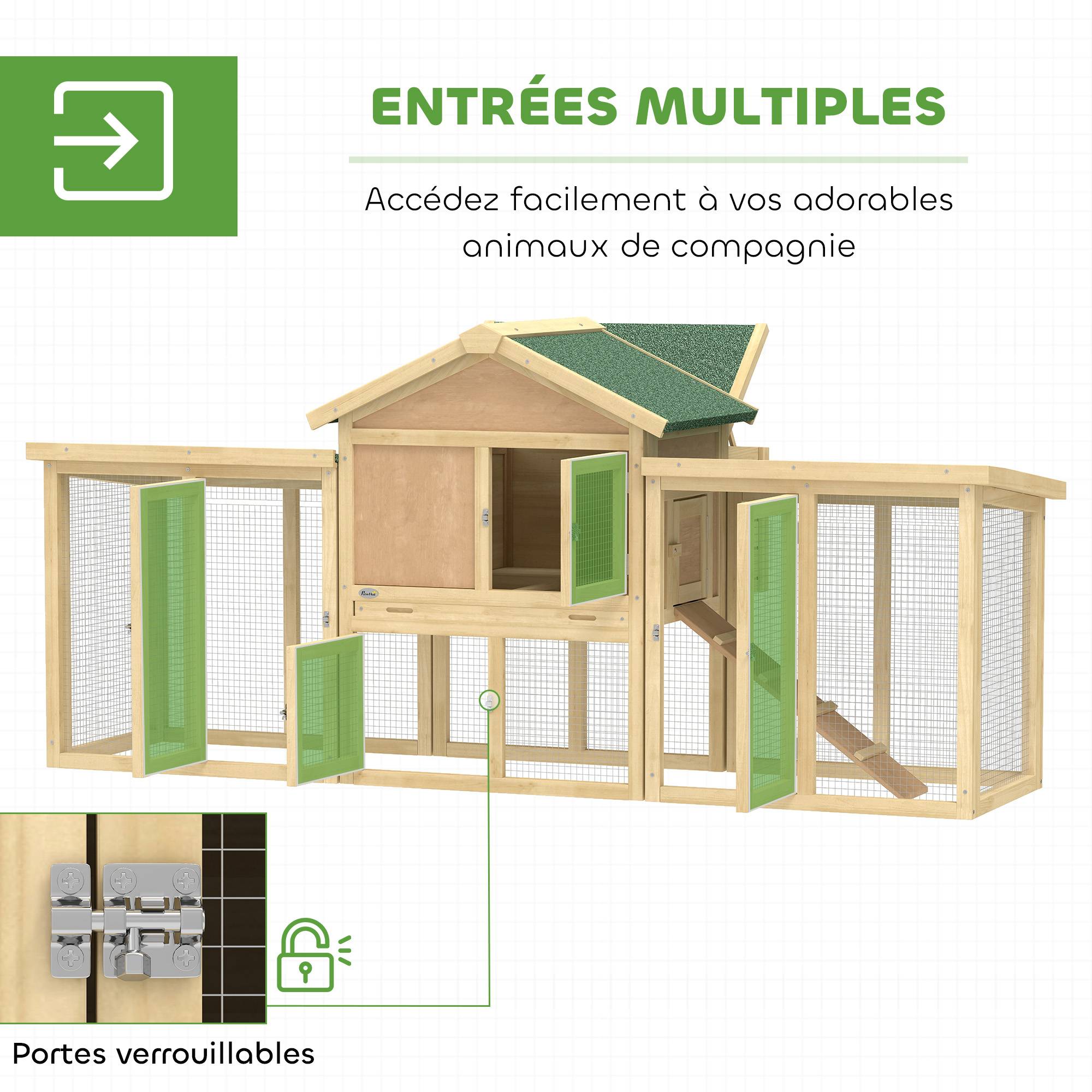 Poulailler chalet multi-équipé : rampes, nichoirs, bac, bois massif 204 x 85 x 93 cm bois naturel - Image 7