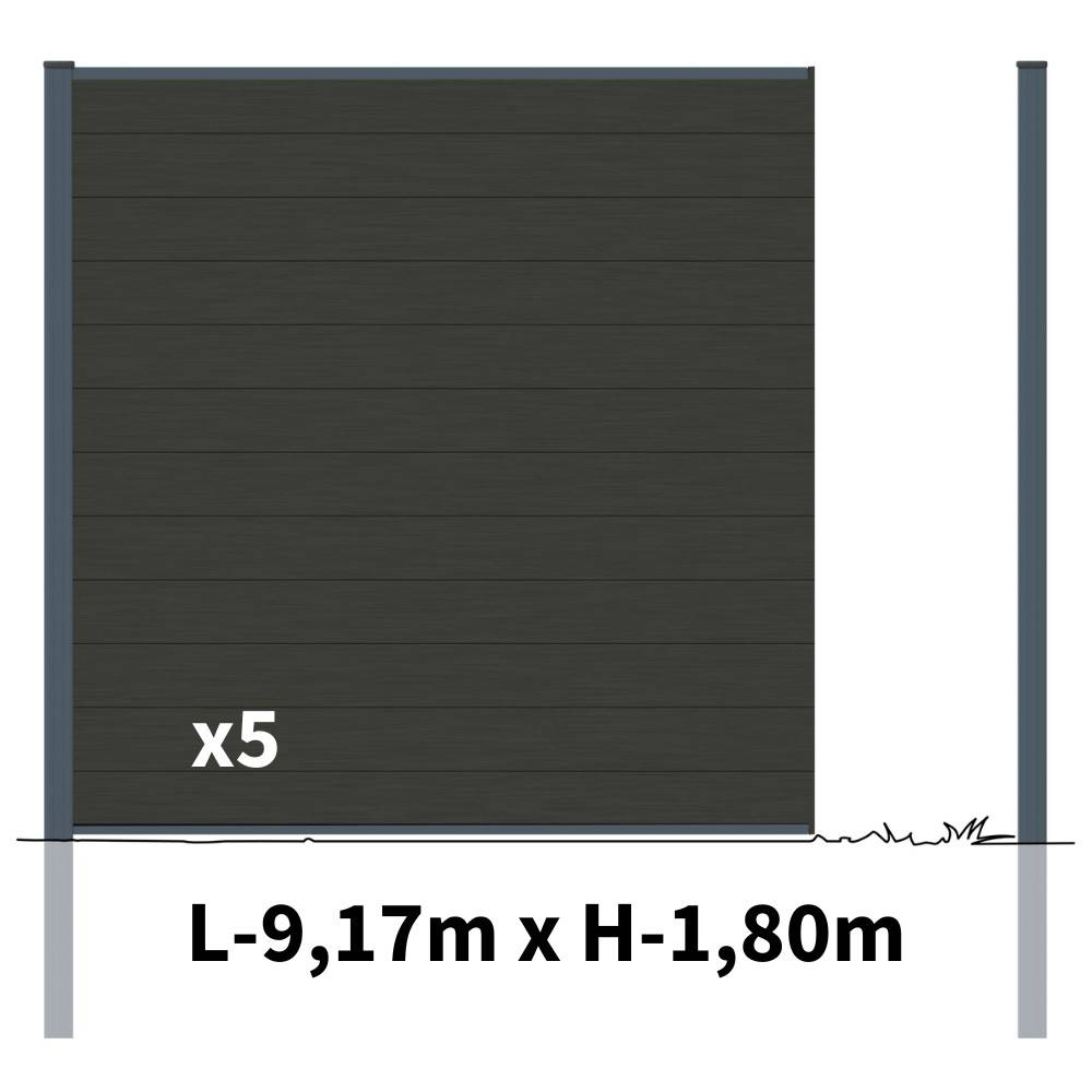 Kit Clôture Bois Composite Anthracite 9x1,8m RIO - Poteaux en Aluminium Gris - Brise Vue - Palissade - Image 2