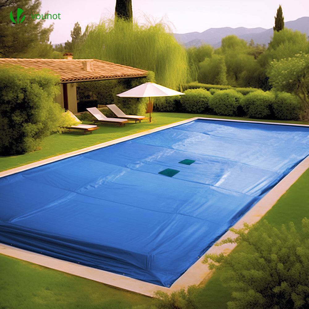 Bache piscine rectangulaire double couche en Polyethylene 160 gr/m2 avec filet ecoulement 6x12m Bleue - Image 1