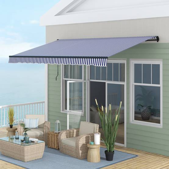 Sans Marque - Store banne, store de terrasse, avec manivelle, résistant aux intempéries, 400 cm x 300 cm, bleu et blanc - Image 4