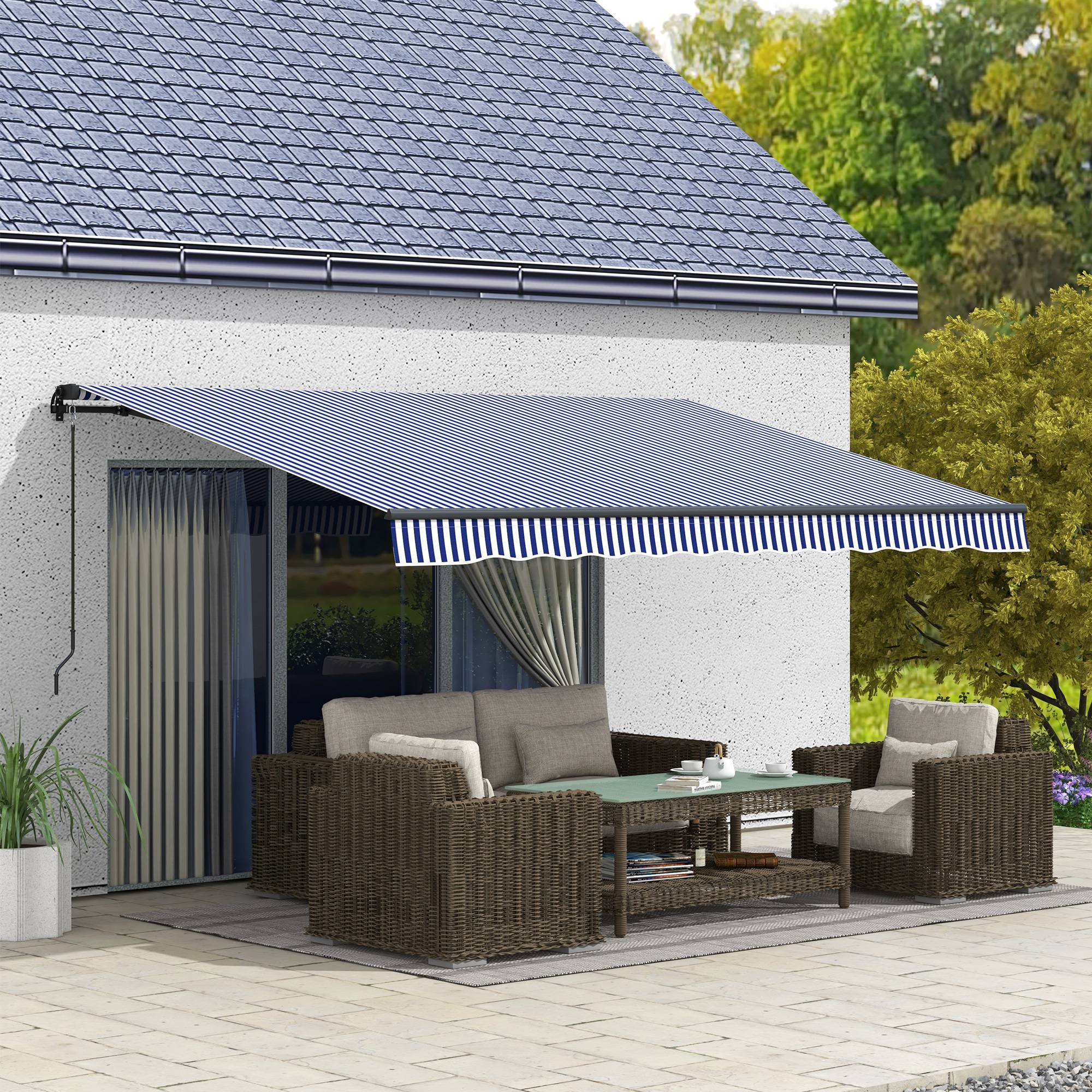 Sans Marque - Store banne, store de terrasse, avec manivelle, résistant aux intempéries, 400 cm x 300 cm, bleu et blanc - Image 3