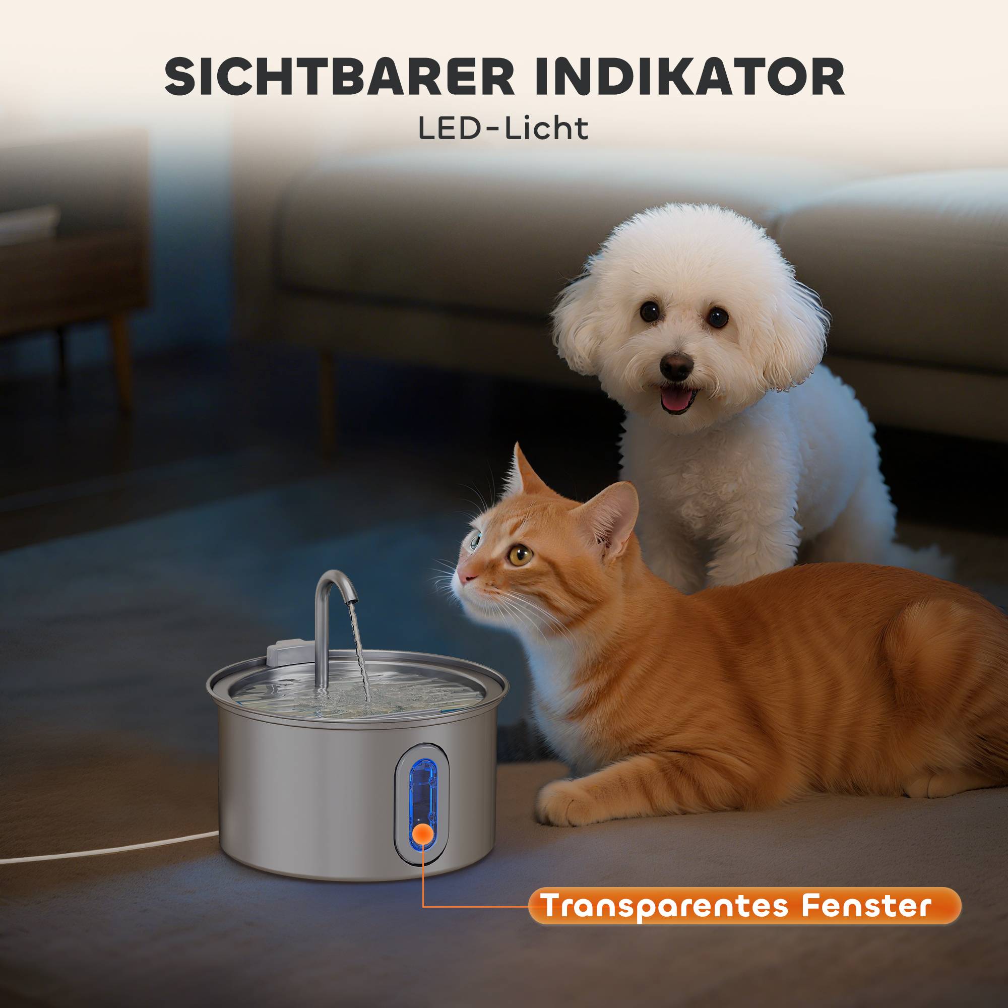 ComfortXL - Fontaine à eau pour chat inox 304 2,5 L argent avec filtre charbon pompe silencieuse LED et 2 flux pour hydratation - Image 9