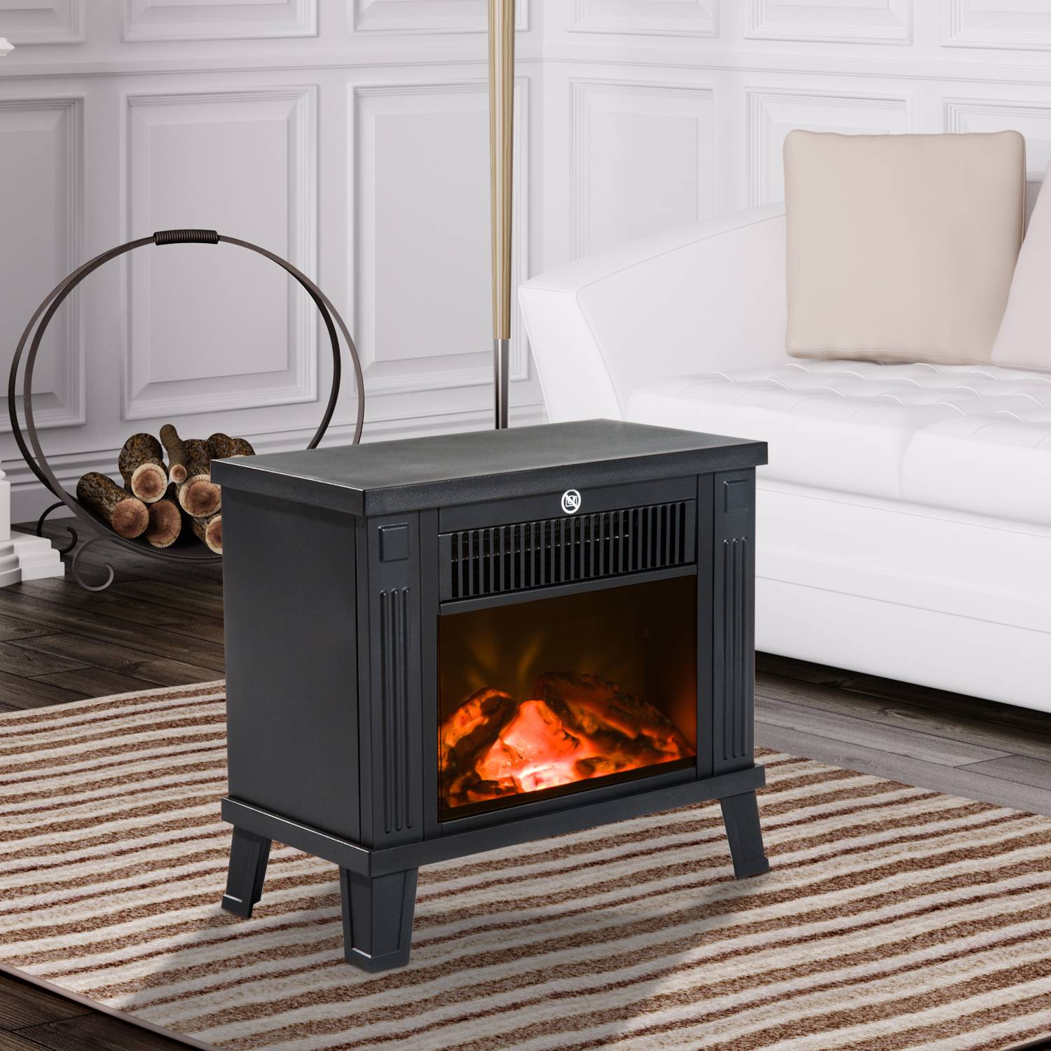 Sans Marque - Cheminée électrique, poêle de cheminée électrique, cheminée sur pied avec effet de flammes 600/1200W, métal, Noir, 34x17x31 cm - Image 4