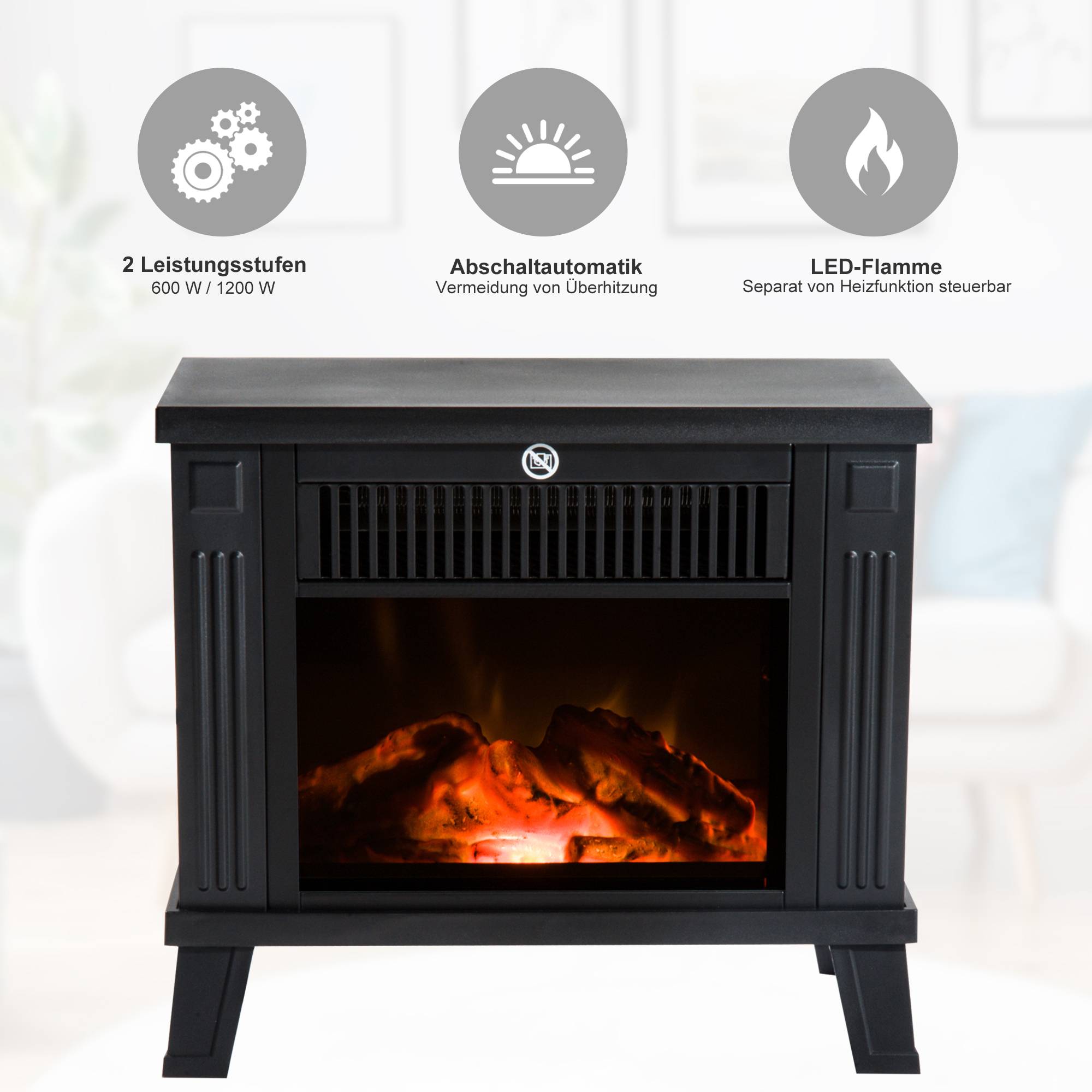 Sans Marque - Cheminée électrique, poêle de cheminée électrique, cheminée sur pied avec effet de flammes 600/1200W, métal, Noir, 34x17x31 cm - Image 6