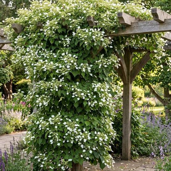 Hortensia grimpant hydrangeoïdes à fleurs Blanche - feuillage Caduc - Pot de 3L - Echelle bambou 60/120 cm- hauteur à maturité De 3,00 m à 5,00 m - Image 3