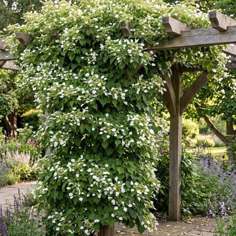 Hortensia grimpant hydrangeoïdes à fleurs Blanche - feuillage Caduc - Pot de 3L - Echelle bambou 60/120 cm-  hauteur à maturité De 3,00 m à 5,00 m - Image 3