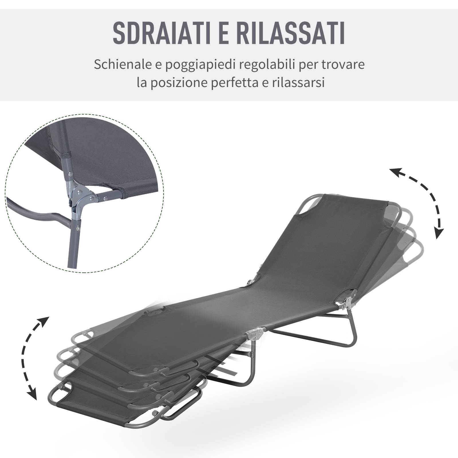 Sans Marque - Transat pliant dossier inclinable 5 positions, chaise longue jardin en tissu Oxford respirant, pour plage piscine jardin, 187x55x24 cm, gris - Image 5