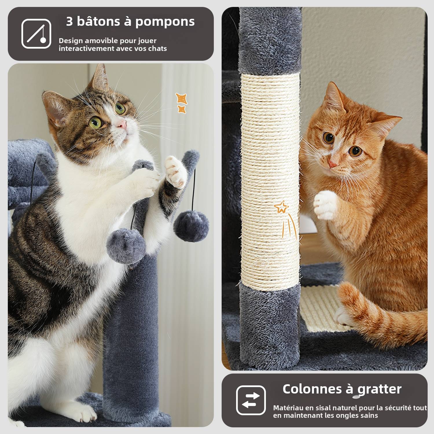Arbre à Chat Géant 150 cm avec Hamac et Perchoirs Gris Foncé PAWZ Road - Image 4