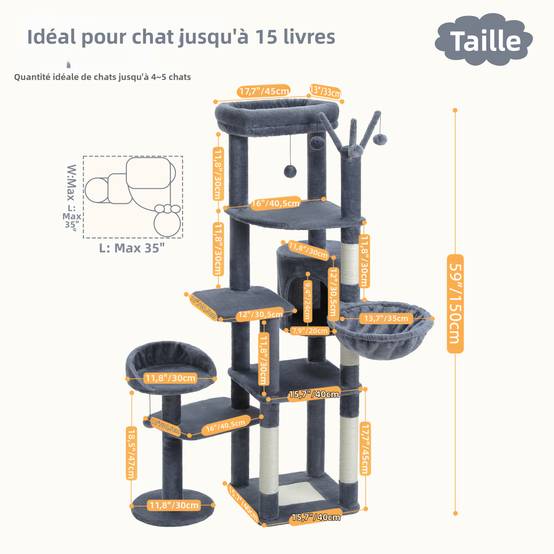 Arbre à Chat Géant 150 cm avec Hamac et Perchoirs Gris Foncé PAWZ Road - Image 2