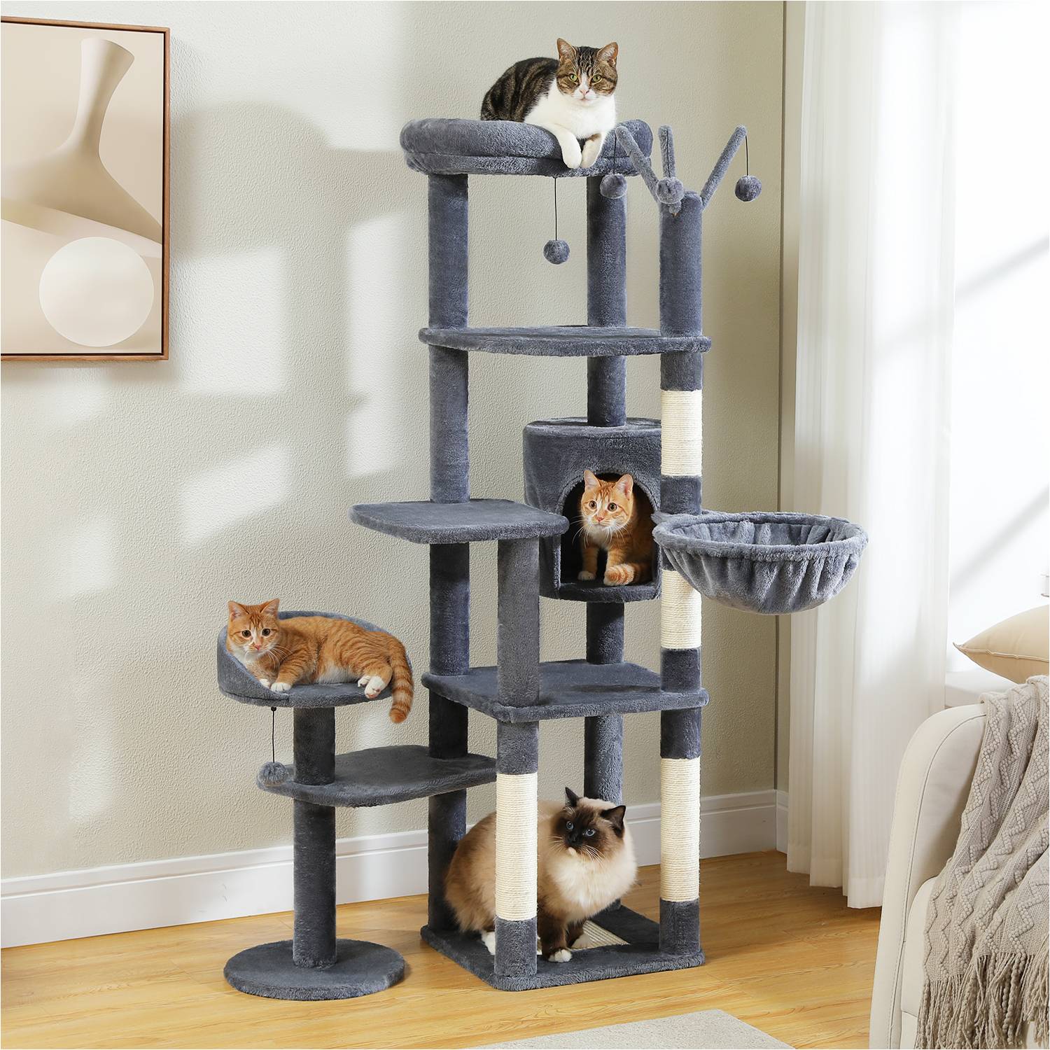Arbre à Chat Géant 150 cm avec Hamac et Perchoirs Gris Foncé PAWZ Road - Image 3
