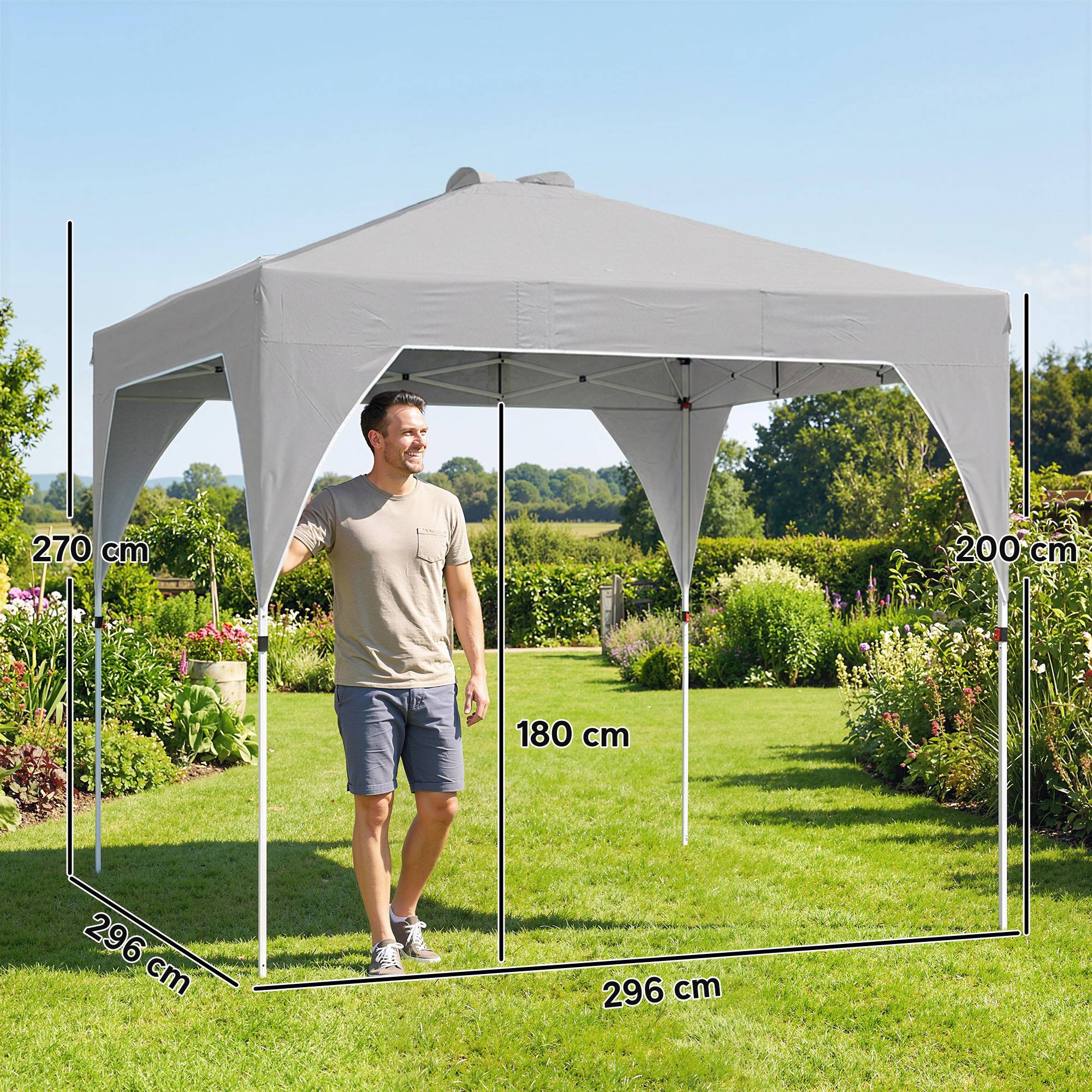 Tonnelle Pliante 3x3m Déploiement Instantané, Verrouillage Central, Hauteur Réglable, Sac à Roulettes et Lestage, Gris - Image 5