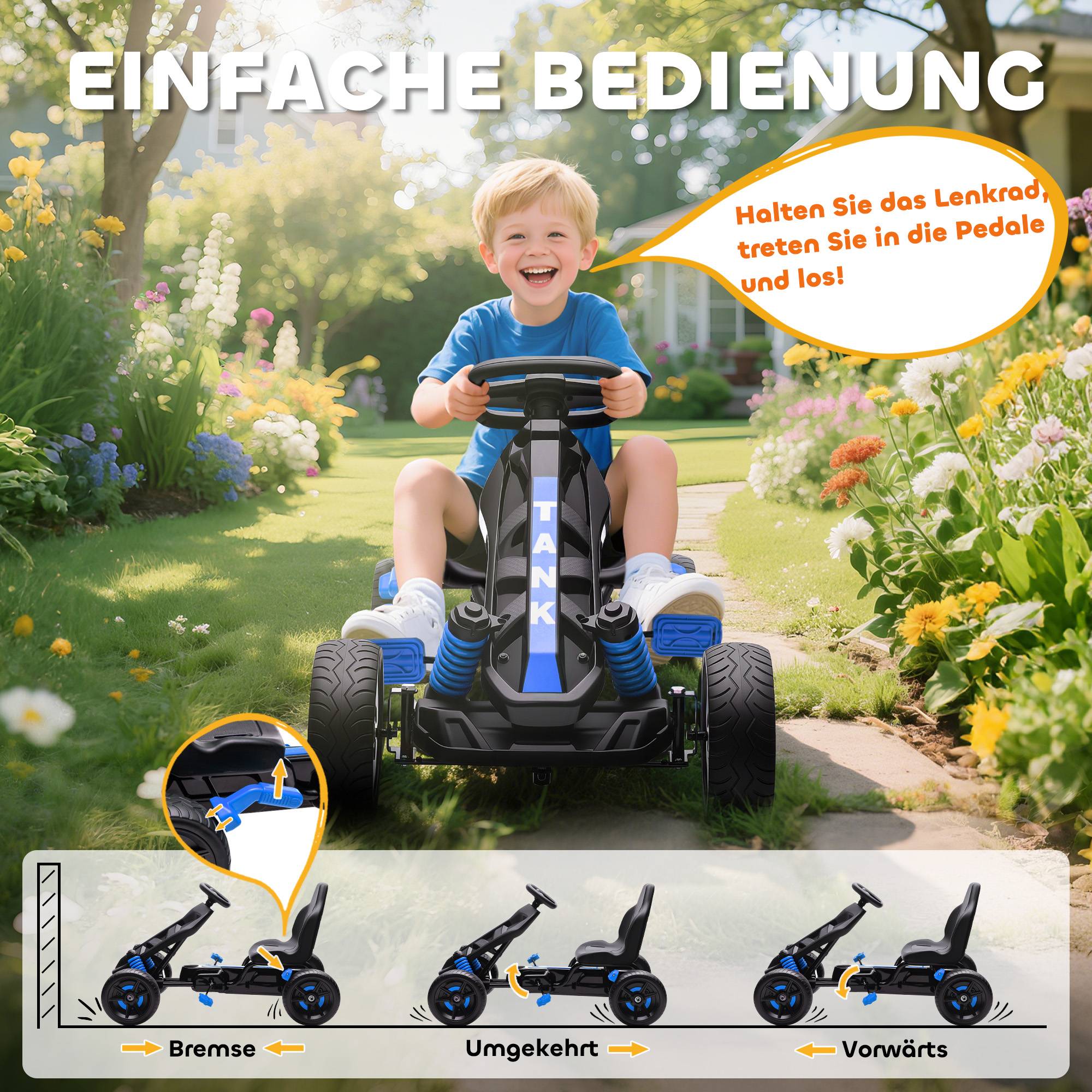 Karting à pédales pour enfants avec frein, roues antidérapantes, cadre en métal, 3-6 ans, bleu - Image 7