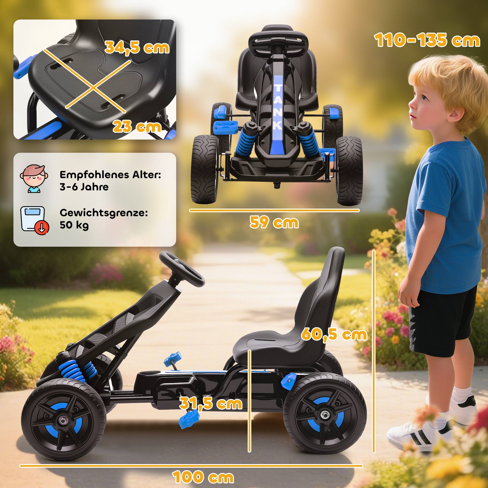 Karting à pédales pour enfants avec frein, roues antidérapantes, cadre en métal, 3-6 ans, bleu - Image 5