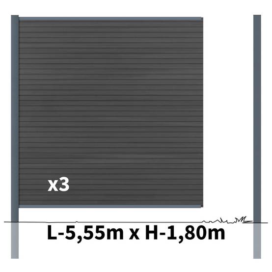 Kit Clôture Bois Composite Ardoise 5,5x1,8m SANTOS - Poteaux en Aluminium Gris - Brise Vue - Palissade - Image 2