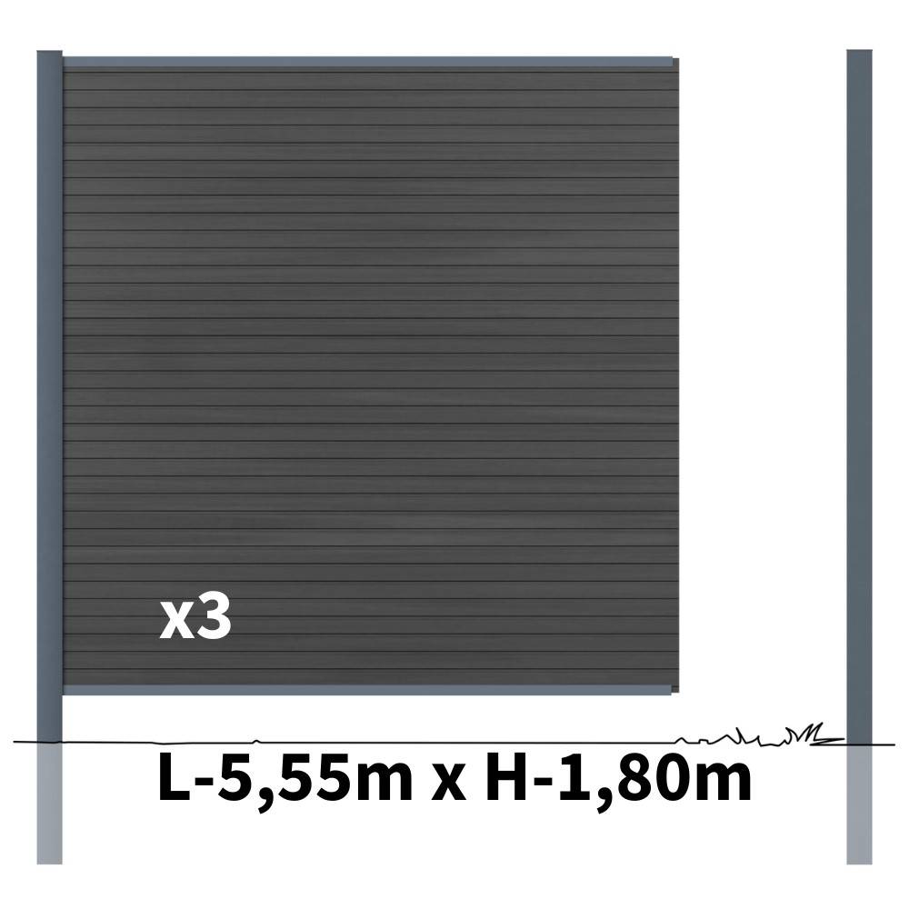 Kit Clôture Bois Composite Ardoise 5,5x1,8m SANTOS - Poteaux en Aluminium Gris - Brise Vue - Palissade - Image 2
