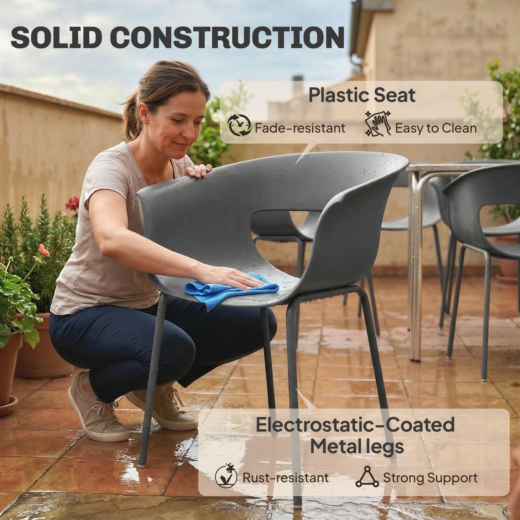 ComfortXL - Lot de 4 chaises de jardin métal et plastique gris foncé 61 x 51 x 74 cm terrasse ergonomiques résistantes - Image 6