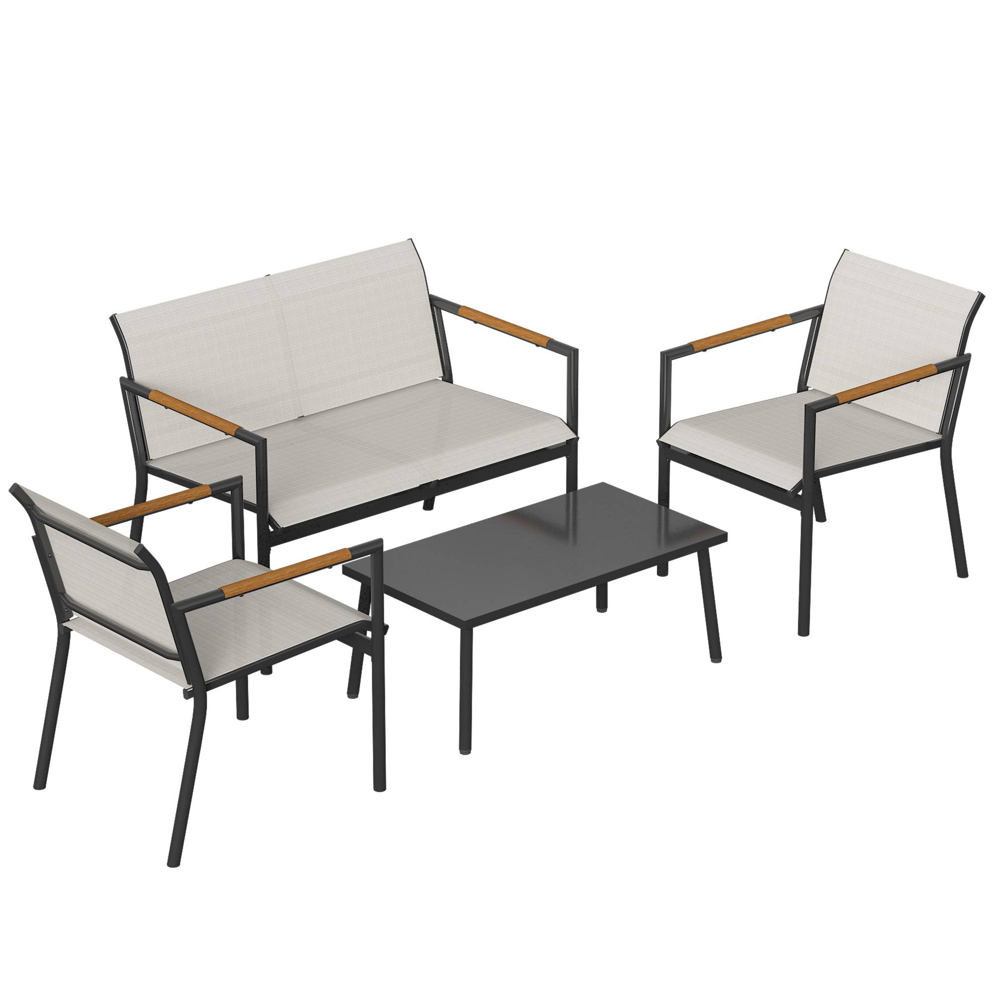 Salon de jardin respirant pour 4 personnes avec canapé 2 places, fauteuils et repose-pieds en métal pour extérieur - Image 1