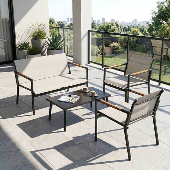 Salon de jardin respirant pour 4 personnes avec canapé 2 places, fauteuils et repose-pieds en métal pour extérieur - Image 9