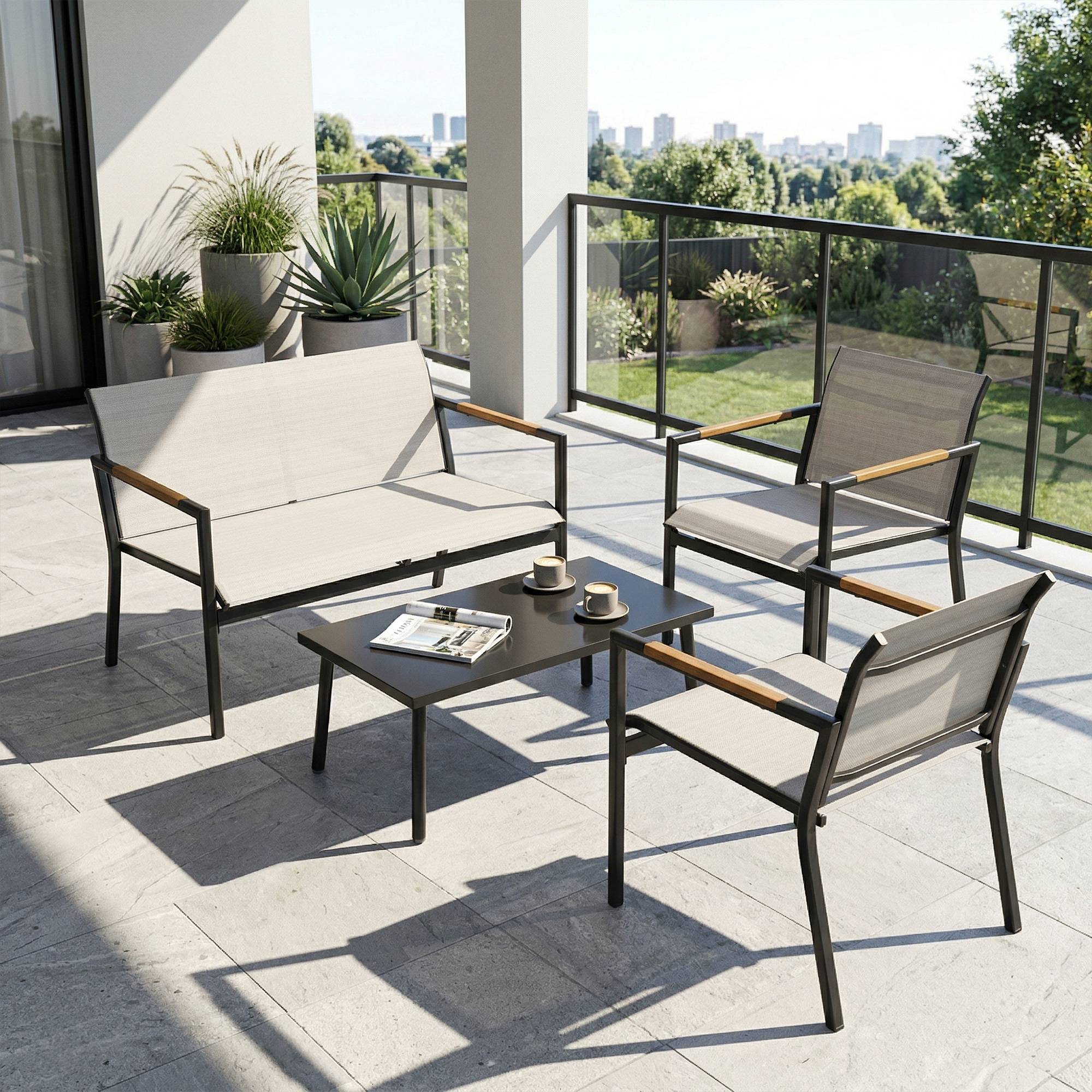 Salon de jardin respirant pour 4 personnes avec canapé 2 places, fauteuils et repose-pieds en métal pour extérieur - Image 9