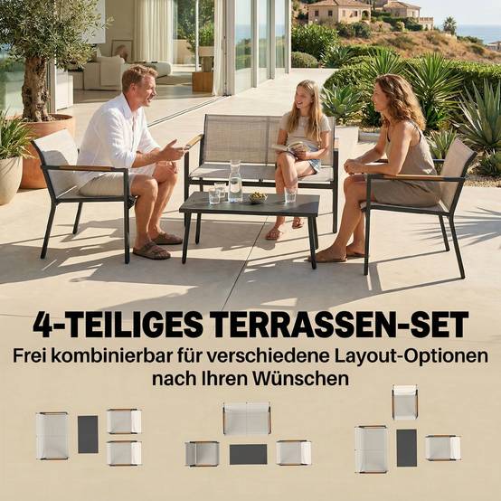 Salon de jardin respirant pour 4 personnes avec canapé 2 places, fauteuils et repose-pieds en métal pour extérieur - Image 4