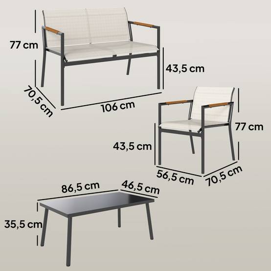 Salon de jardin respirant pour 4 personnes avec canapé 2 places, fauteuils et repose-pieds en métal pour extérieur - Image 3