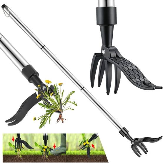 Désherbeur manuel télescopique, Arrache-Mauvaises Herbes 100Cm Avec 3 Griffes En Inox Et Pédale D'Enlèvement - IntiMeg - Image 1
