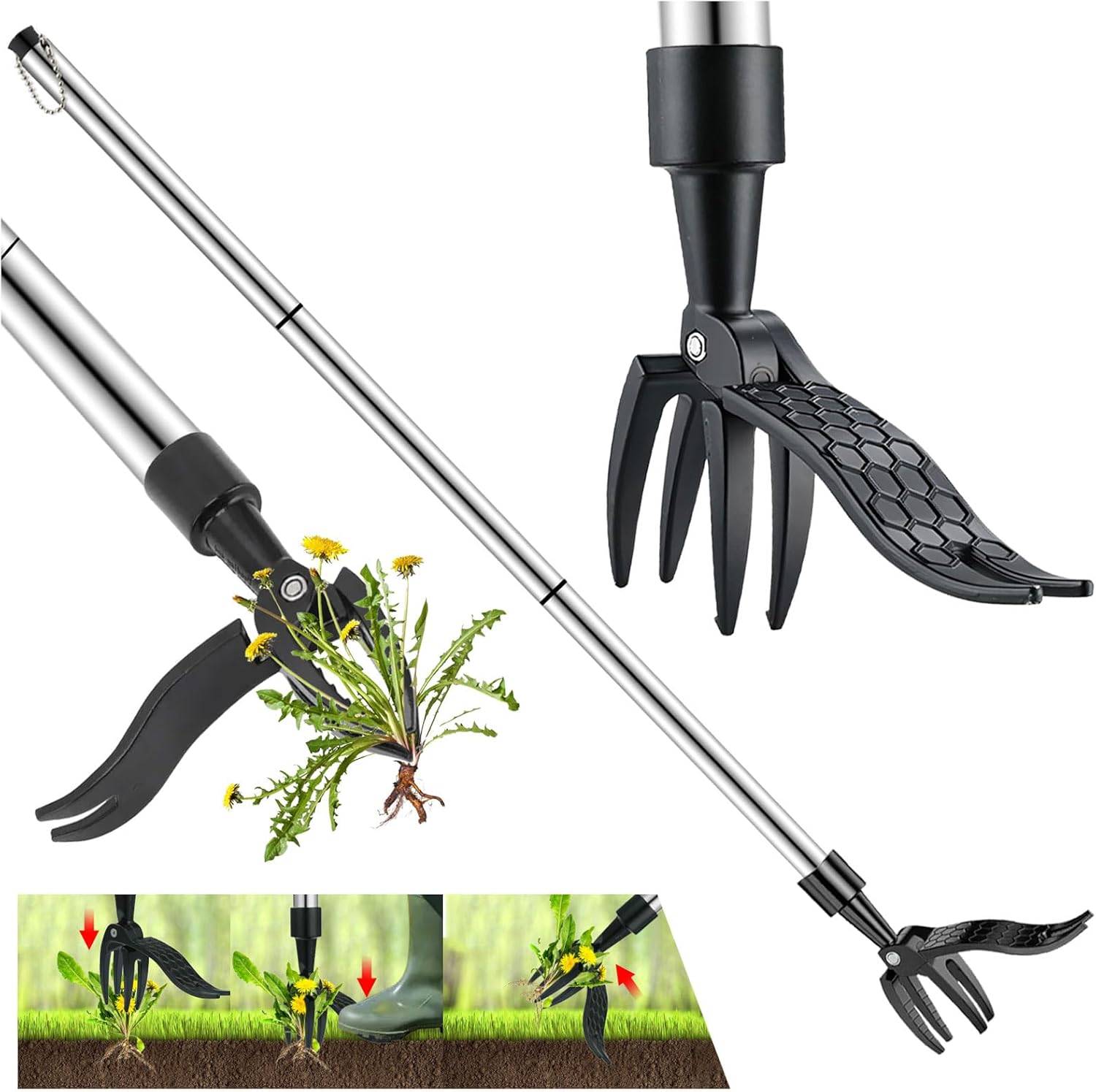 Désherbeur manuel télescopique, Arrache-Mauvaises Herbes 100Cm Avec 3 Griffes En Inox Et Pédale D'Enlèvement - IntiMeg - Image 1