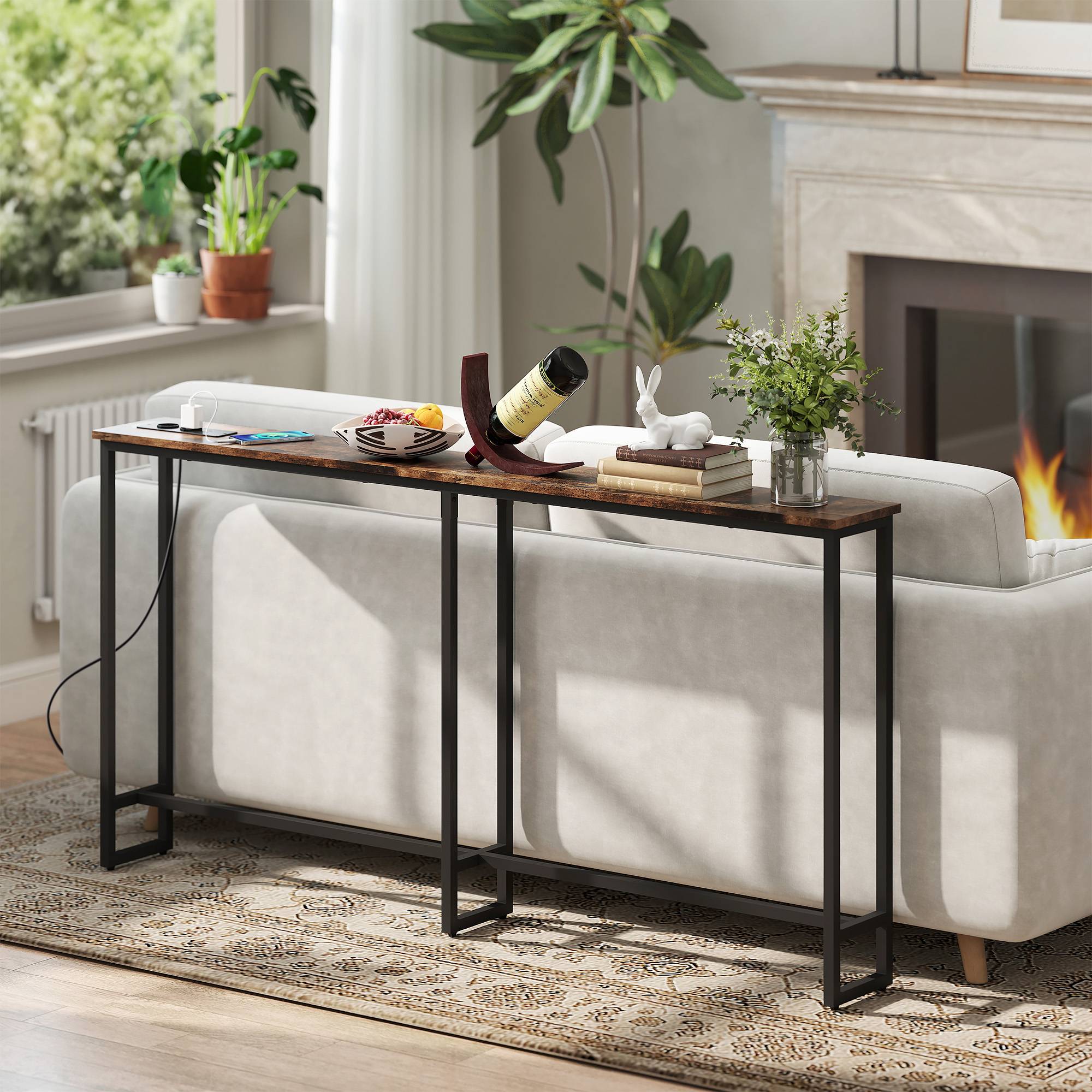 Table console étroite style industriel avec prises de courant et USB, pour salon entrée couloir, 160x20x80cm, marron - Image 10