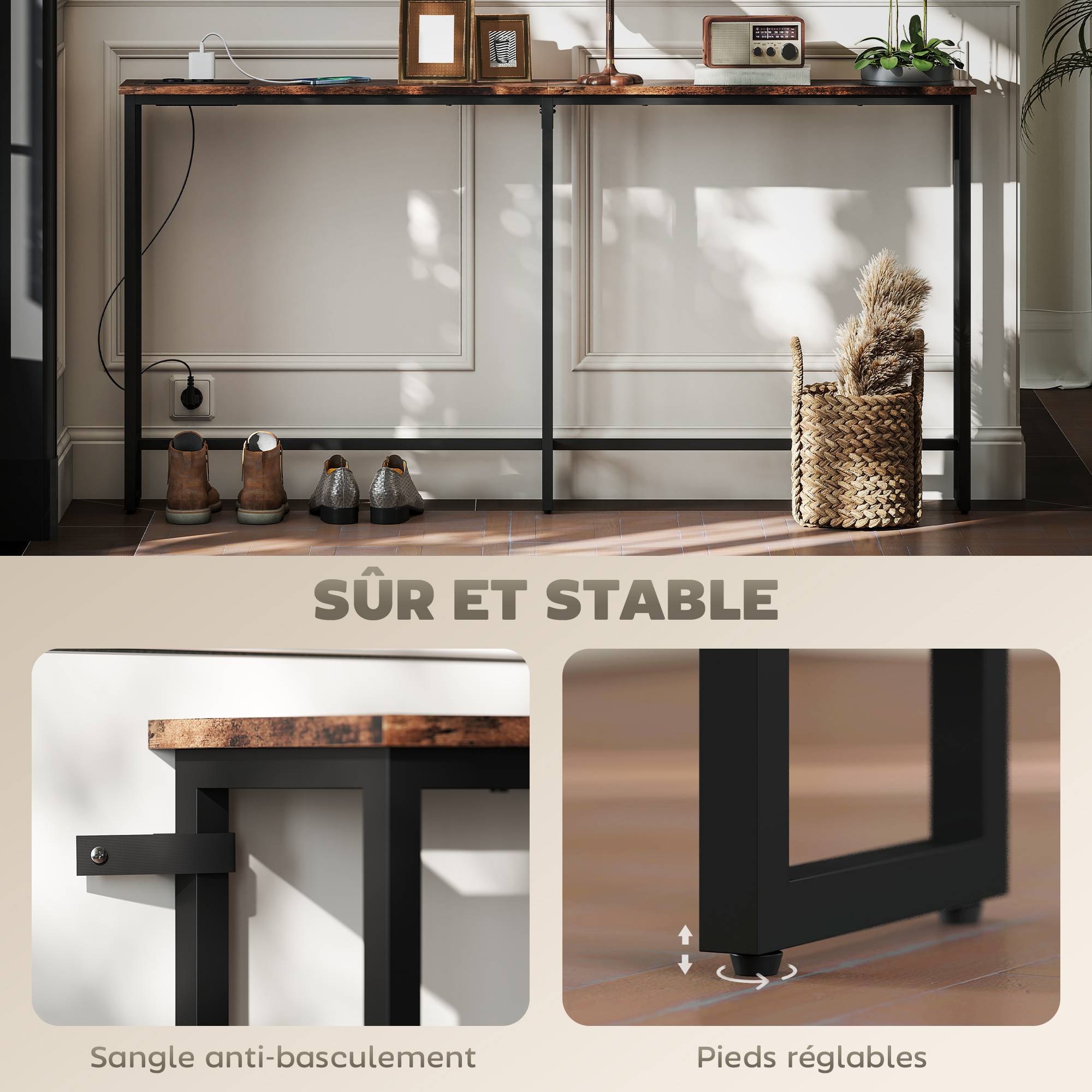 Table console étroite style industriel avec prises de courant et USB, pour salon entrée couloir, 160x20x80cm, marron - Image 7