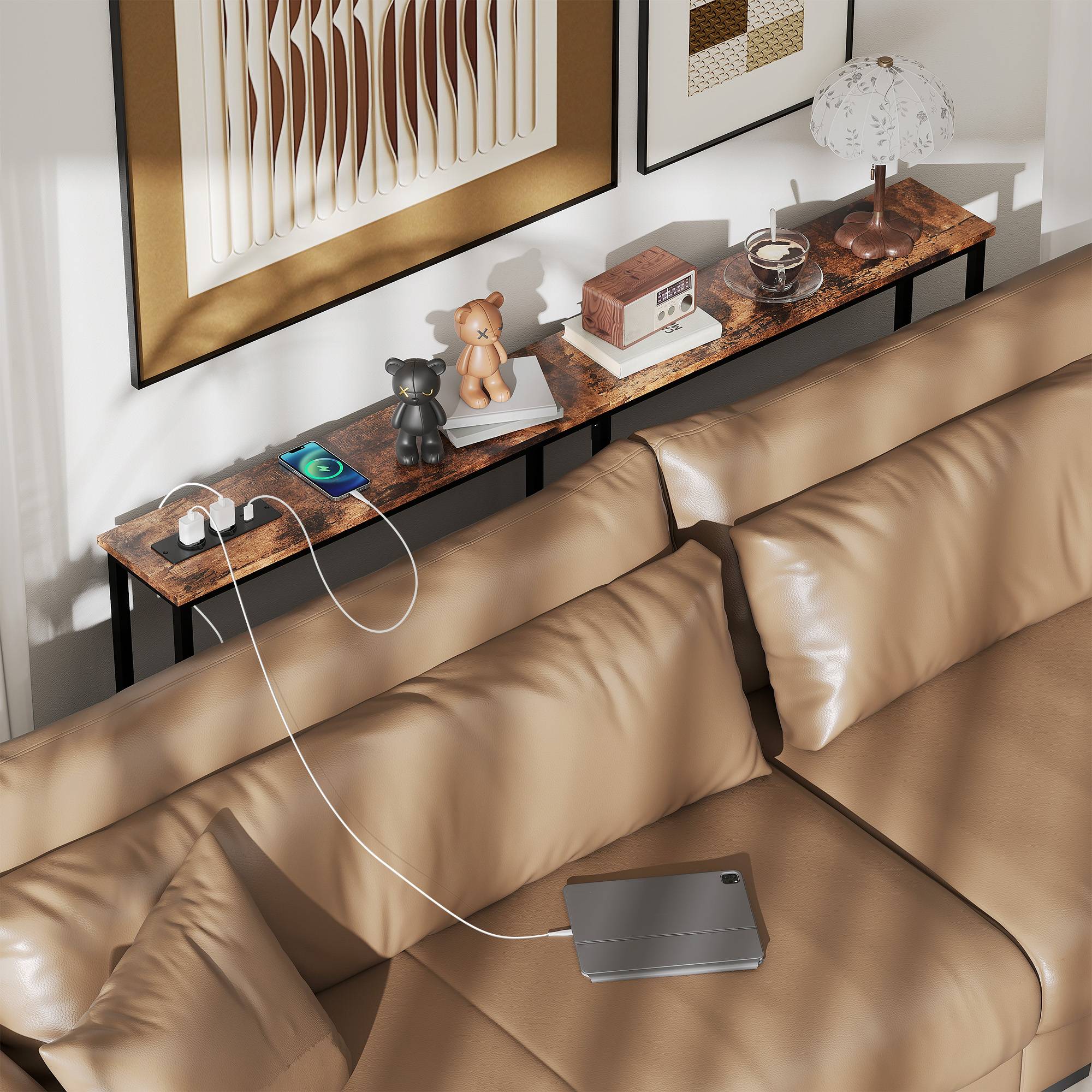Table console étroite style industriel avec prises de courant et USB, pour salon entrée couloir, 160x20x80cm, marron - Image 8