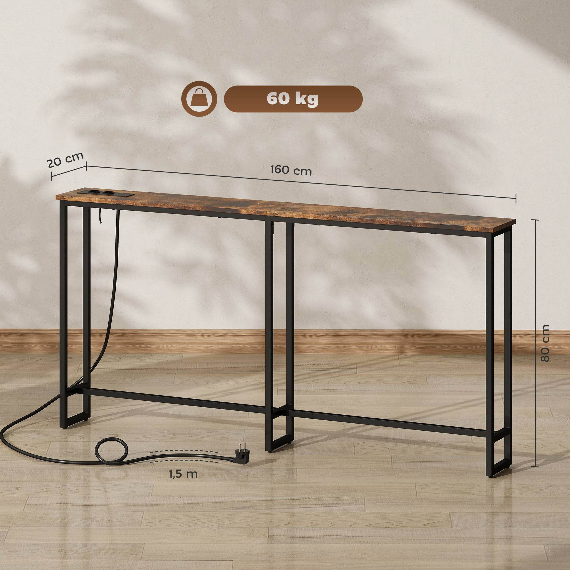 Table console étroite style industriel avec prises de courant et USB, pour salon entrée couloir, 160x20x80cm, marron - Image 5