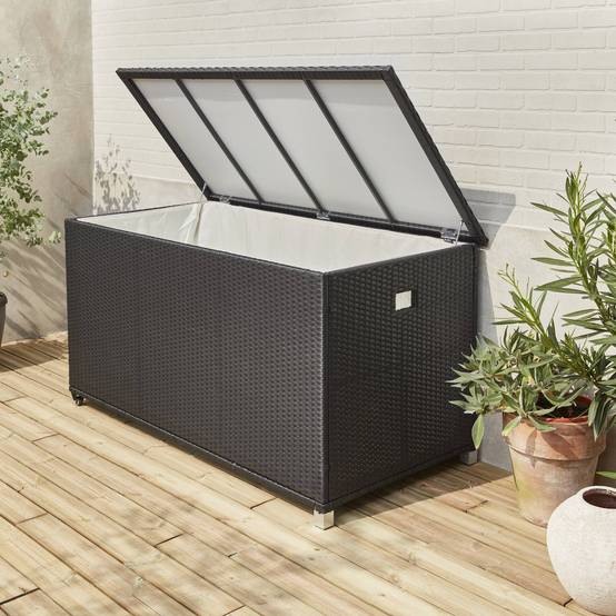 Coffre de jardin en résine tressée - Cassapanca Noir - 790L. vérins. roulettes. poignée et housse intérieure écrue. rangement coussins | sweeek - Image 3