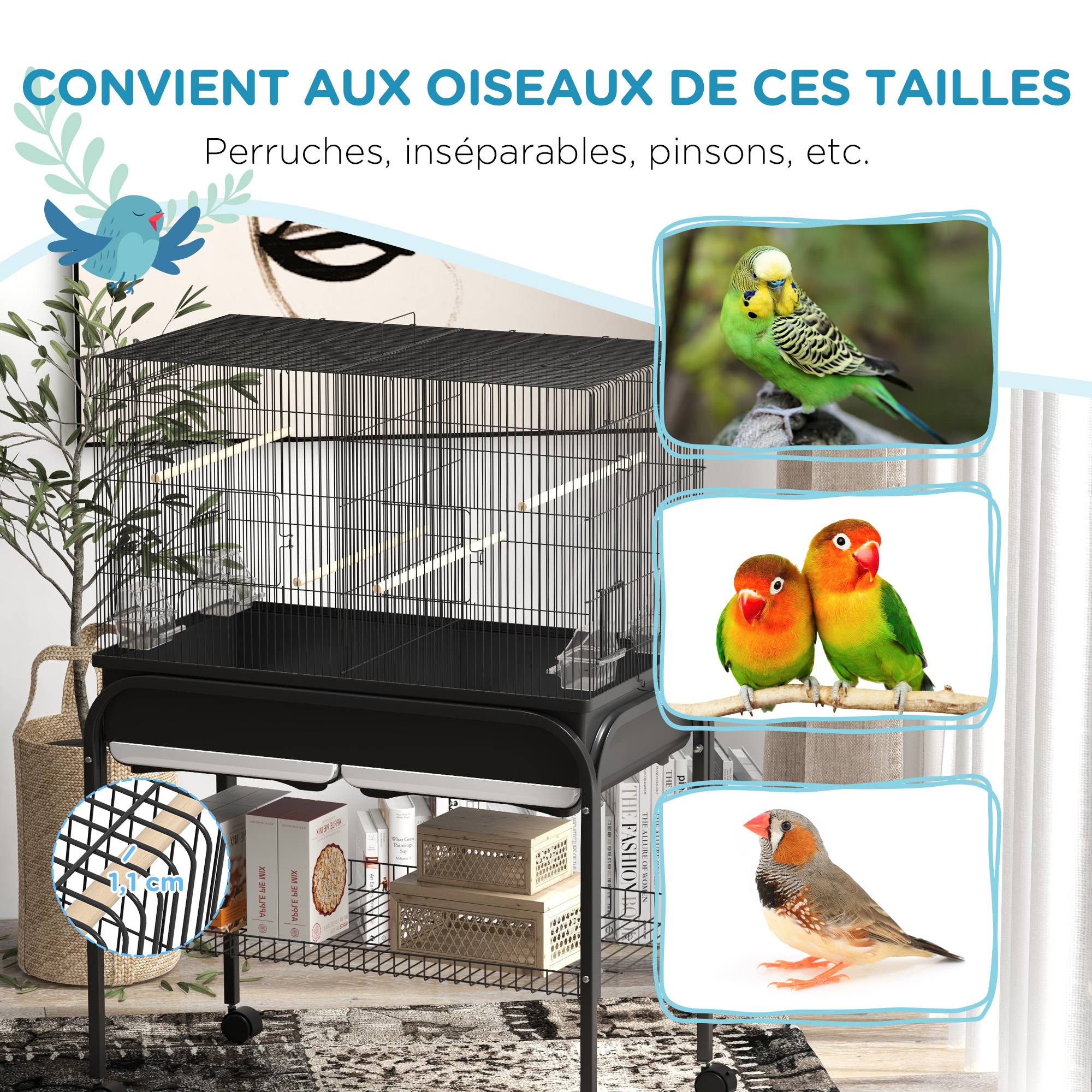 Grand cage oiseaux cage perroquet avec support roulettes pour cacatoès perruche canaris perroquet 85 x 49 x 119 cm noir - Image 8
