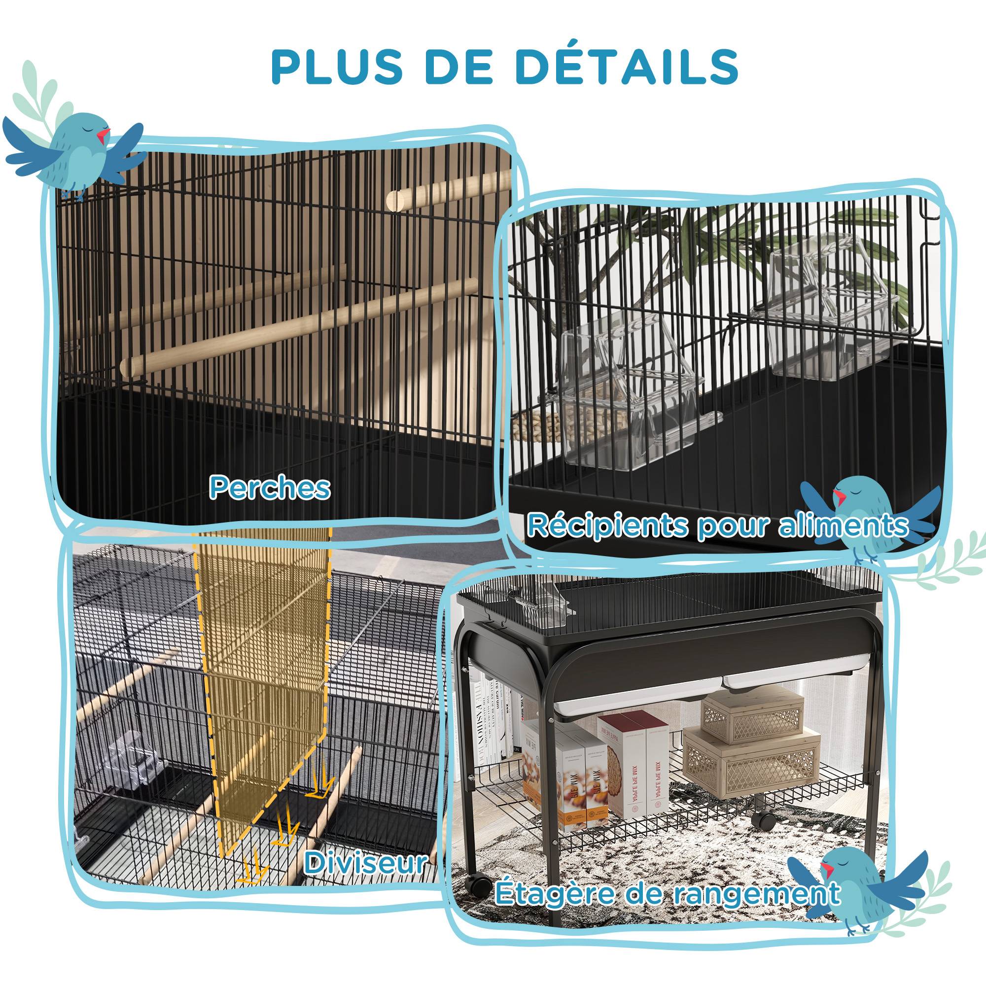 Grand cage oiseaux cage perroquet avec support roulettes pour cacatoès perruche canaris perroquet 85 x 49 x 119 cm noir - Image 9
