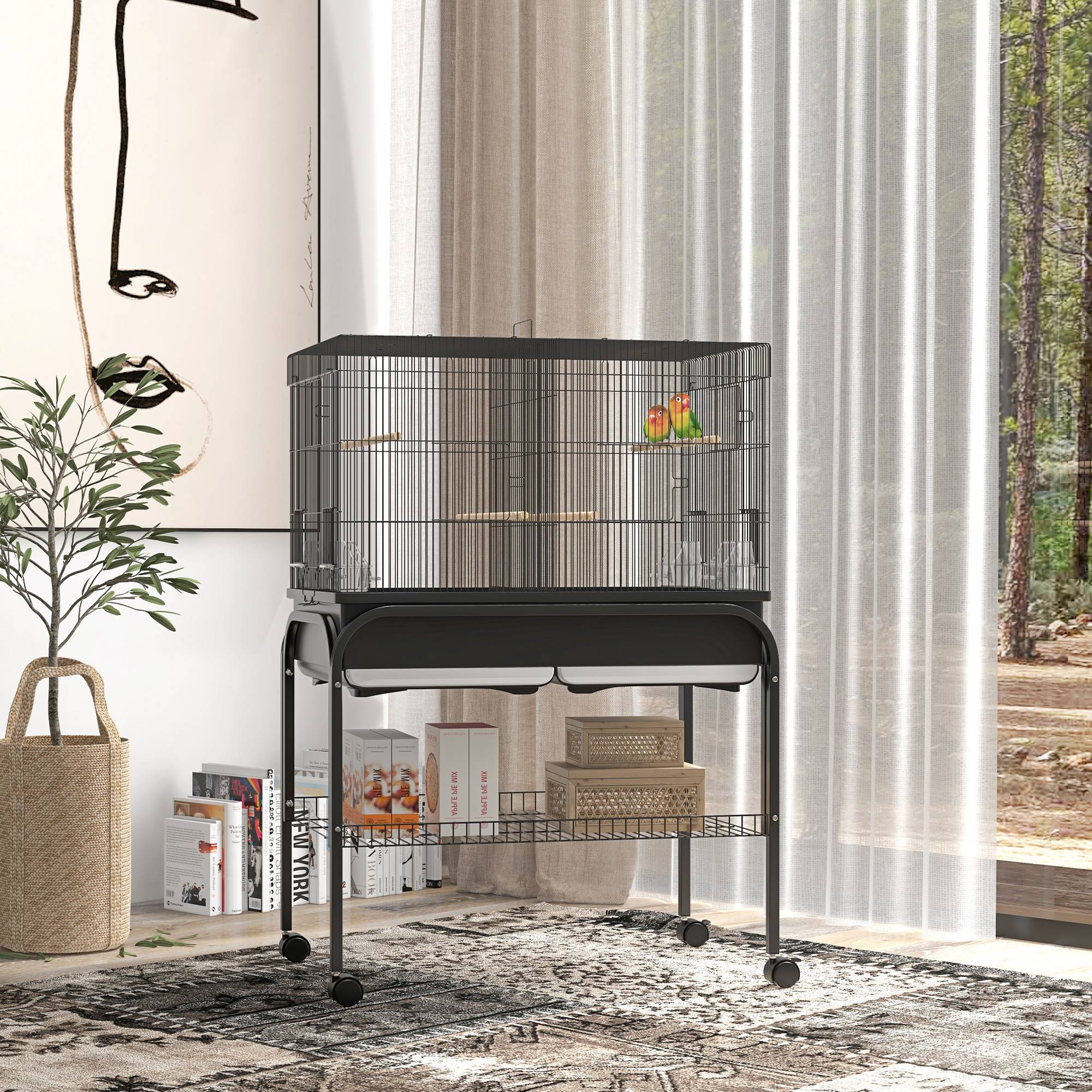 Grand cage oiseaux cage perroquet avec support roulettes pour cacatoès perruche canaris perroquet 85 x 49 x 119 cm noir - Image 3