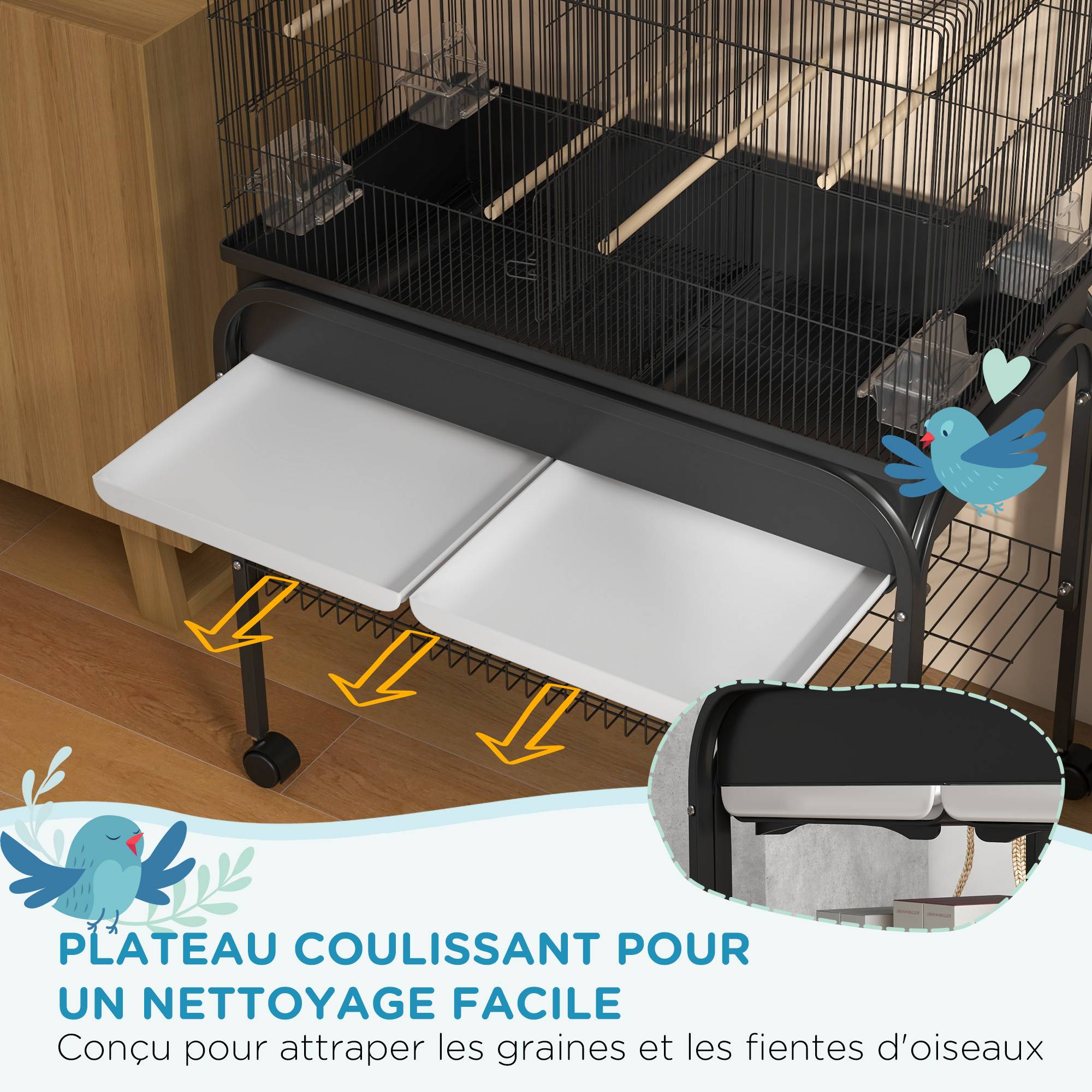 Grand cage oiseaux cage perroquet avec support roulettes pour cacatoès perruche canaris perroquet 85 x 49 x 119 cm noir - Image 6