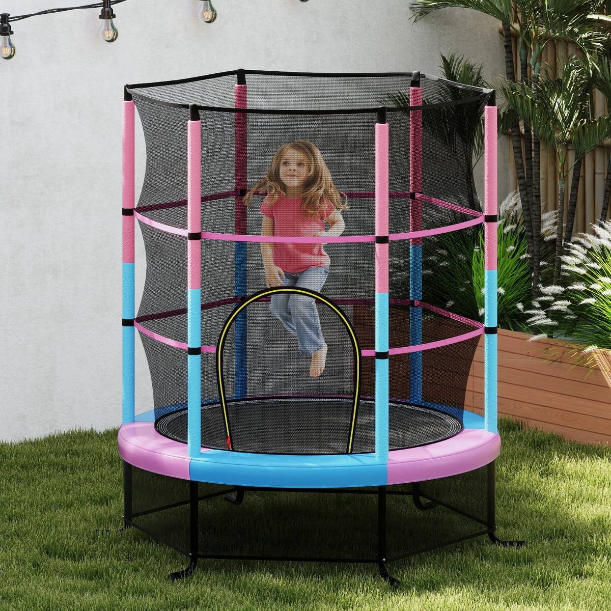 Trampoline de Jardin pour Enfants Ø165CM avec Filet de Protection121cm  Appuis de Ressorts et Structure en Acier Rose F412R - Image 2