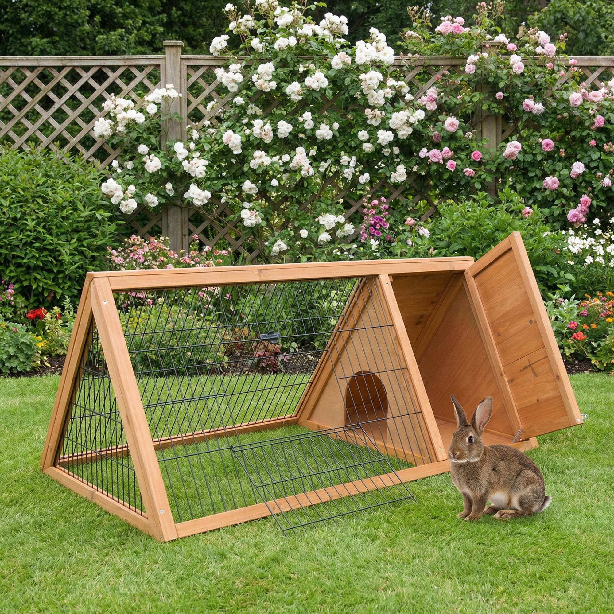 Sans Marque - Cage lapin triangulaire bois naturel 116x62,2x52,5 cm portes grille métallique - Image 3