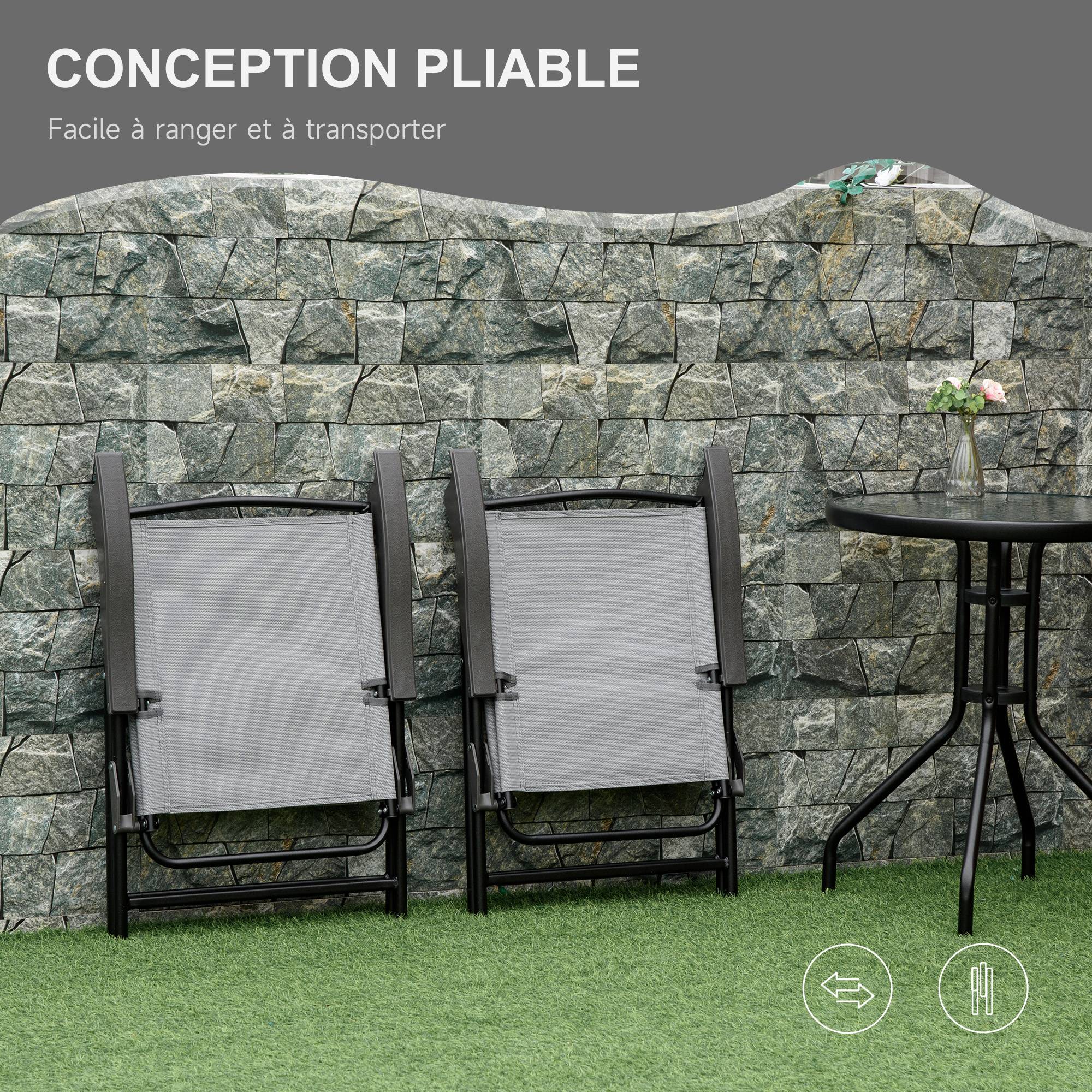 Ensemble de jardin 3 pièces 2 chaises inclinables multi-positions pliables table ronde verre trempé métal textilène gris - Image 9