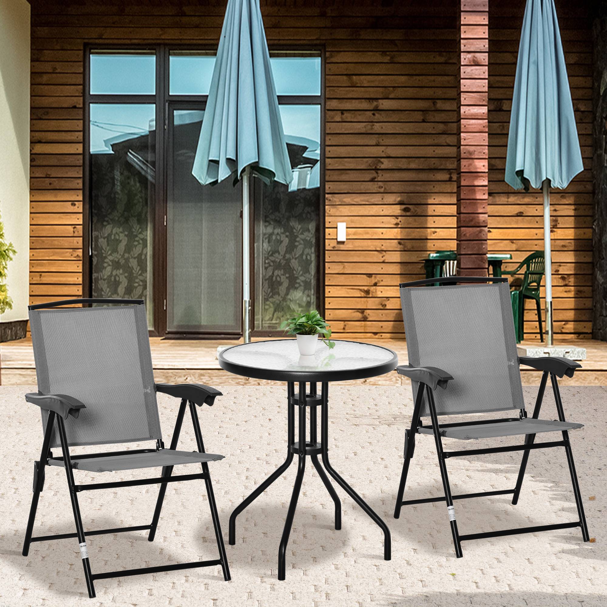 Ensemble de jardin 3 pièces 2 chaises inclinables multi-positions pliables table ronde verre trempé métal textilène gris - Image 3