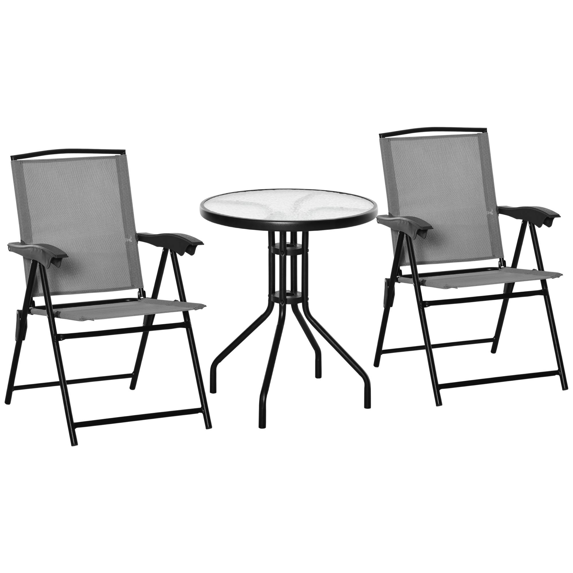 Ensemble de jardin 3 pièces 2 chaises inclinables multi-positions pliables table ronde verre trempé métal textilène gris - Image 2