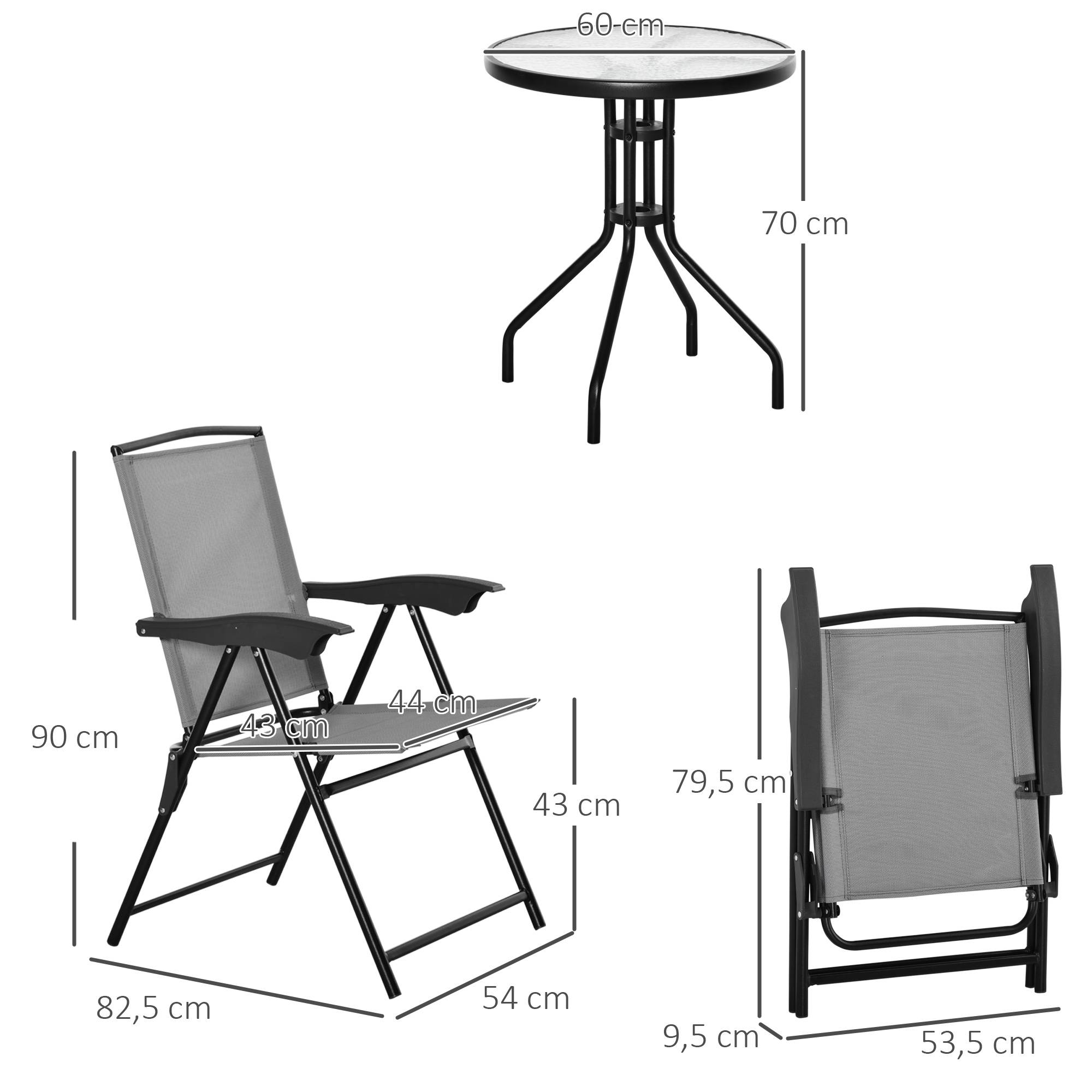 Ensemble de jardin 3 pièces 2 chaises inclinables multi-positions pliables table ronde verre trempé métal textilène gris - Image 5