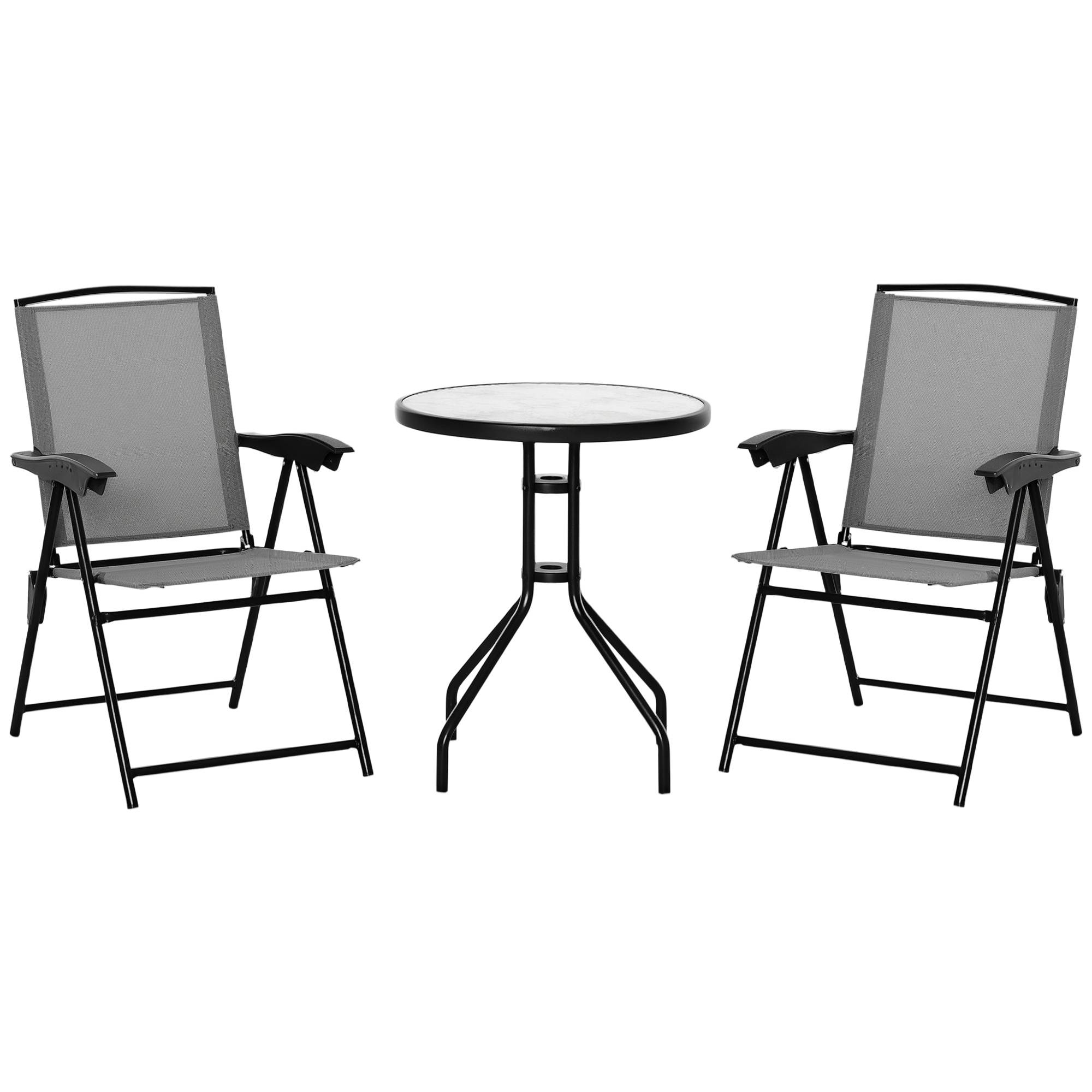 Ensemble de jardin 3 pièces 2 chaises inclinables multi-positions pliables table ronde verre trempé métal textilène gris - Image 1