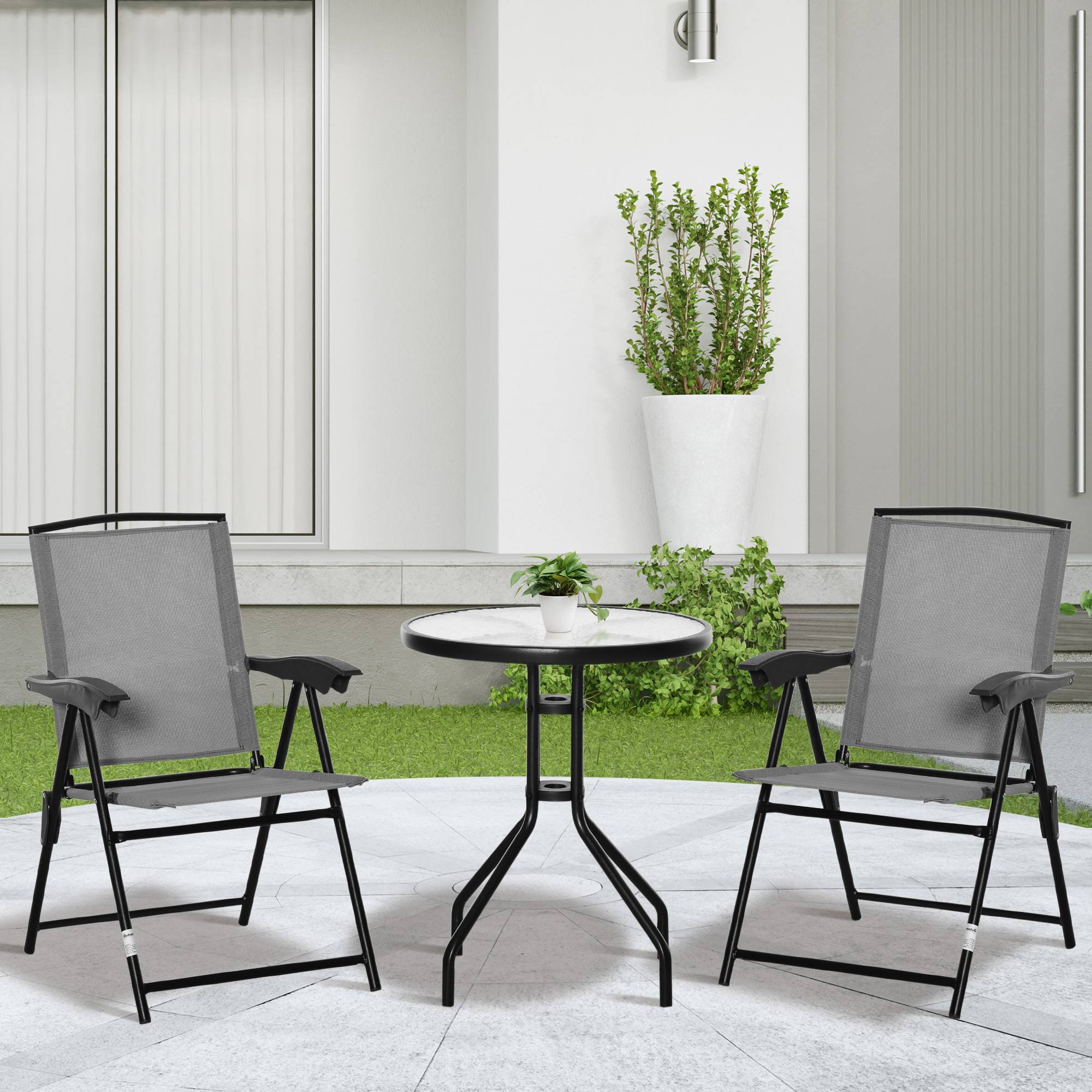 Ensemble de jardin 3 pièces 2 chaises inclinables multi-positions pliables table ronde verre trempé métal textilène gris - Image 4