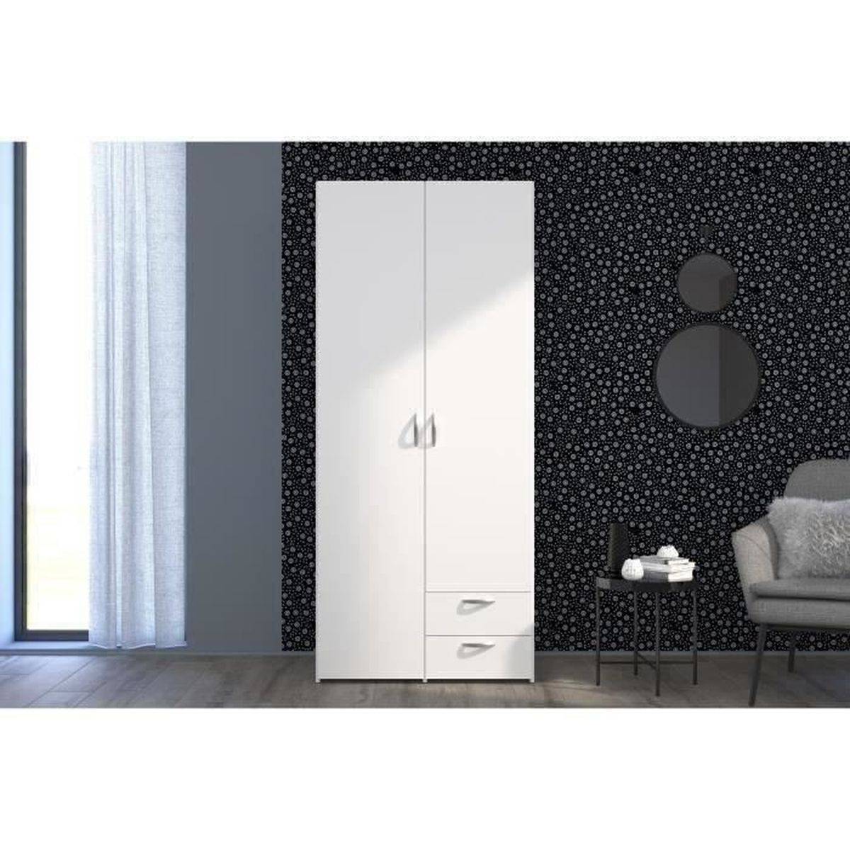 Armoire chambre VARIA décor blanc, 2 portes battantes + 2 tiroirs, 81x185x51 cm - Parisot - Image 2