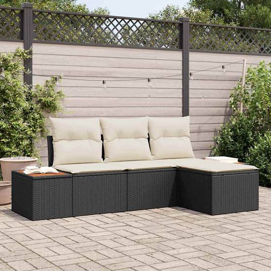 Salon de Jardin 4 Pcs en Polyrotin avec Repose-pieds, Rangement Astucieux pour Détente Terrasse, Noir et Crème – ComfortXL Outdoor Living - Image 1