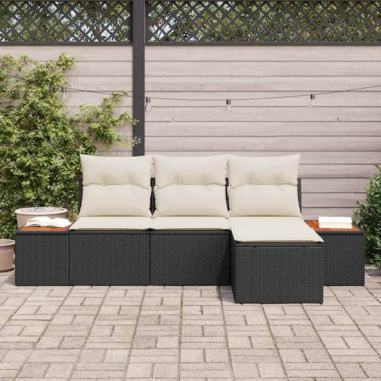 Salon de Jardin 4 Pcs en Polyrotin avec Repose-pieds, Rangement Astucieux pour Détente Terrasse, Noir et Crème – ComfortXL Outdoor Living - Image 3