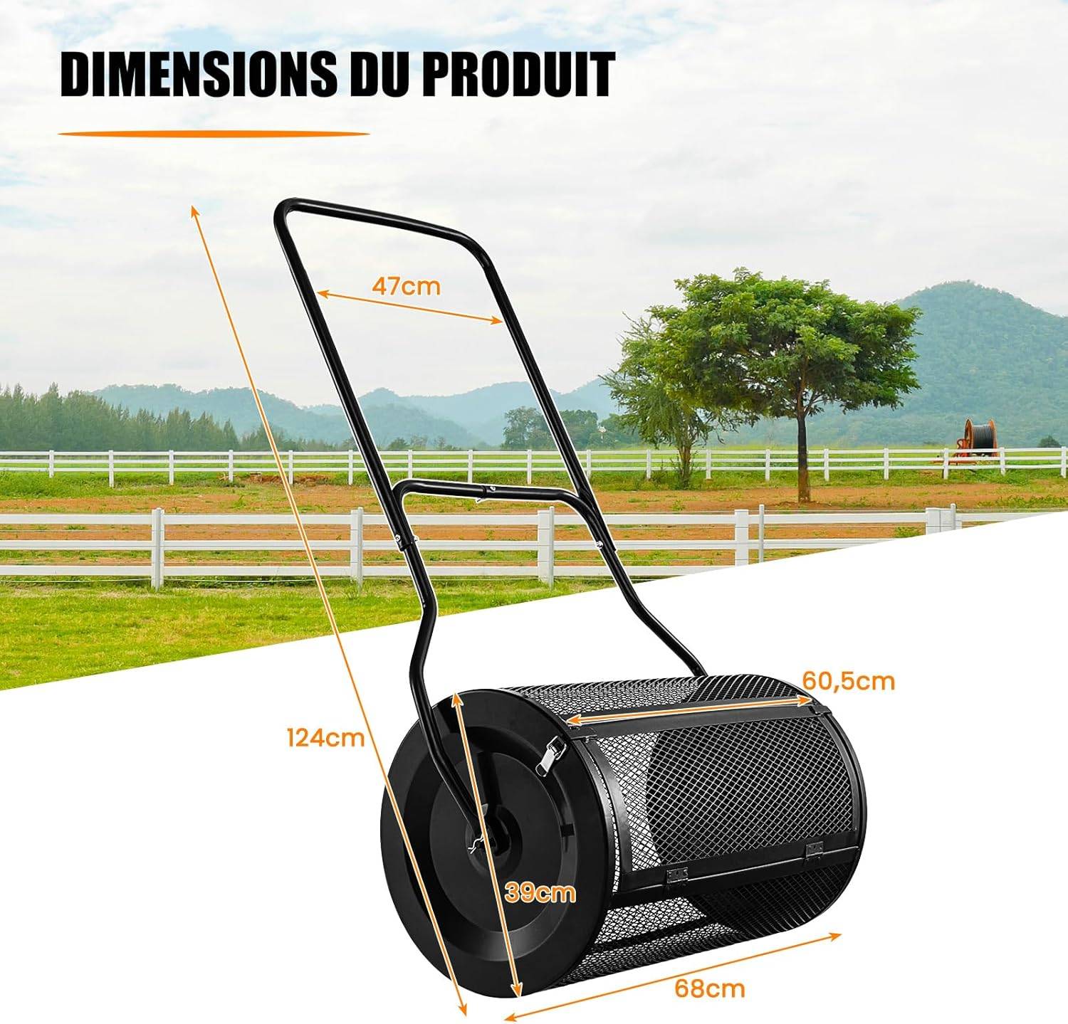 Épandeur à Compost de 60,5 cm Rouleau en Treillis Métallique, Épandeur de Gazon (Noir) - Image 3