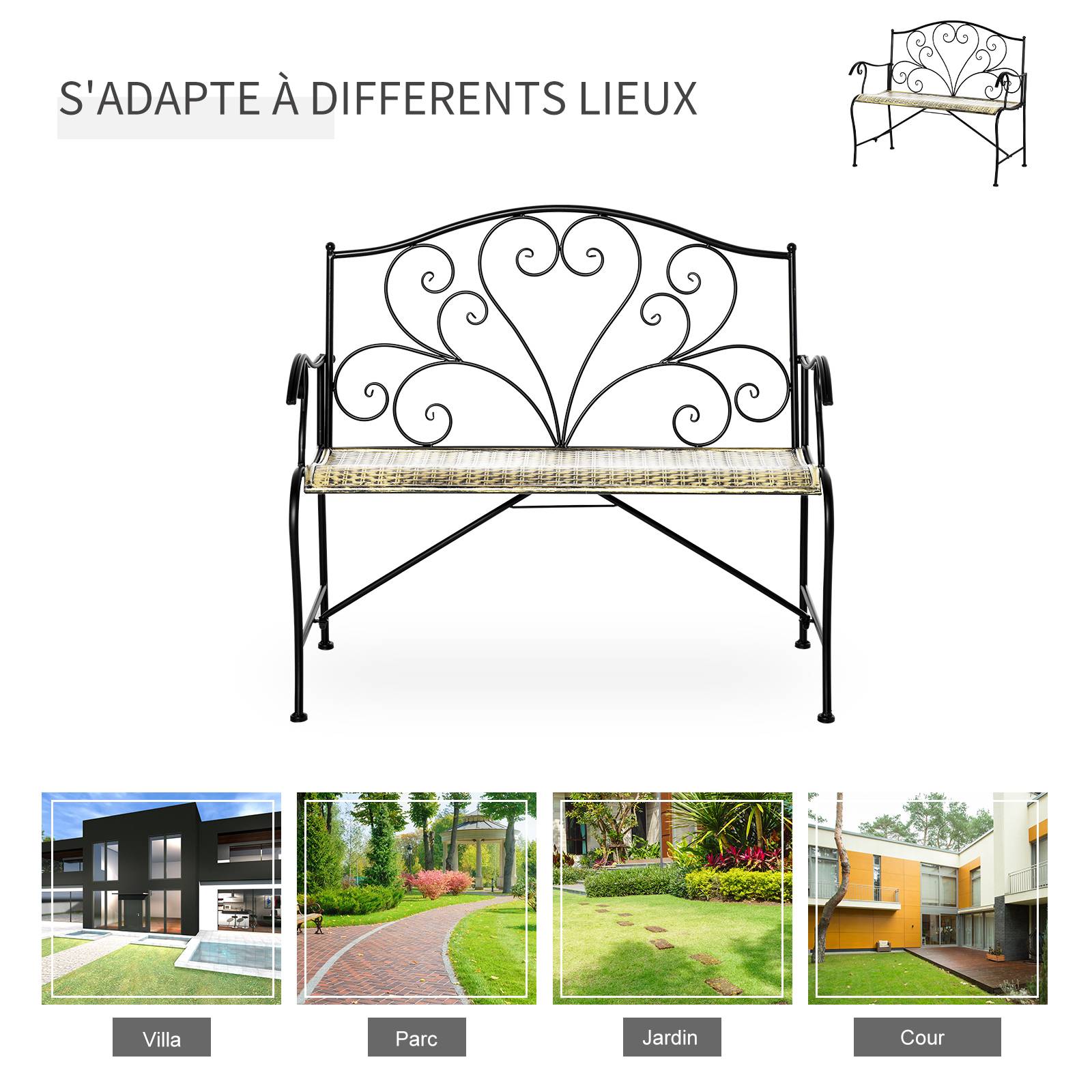 Outsunny - Banc de jardin 2 places style néo-rétro fer forgé lignes fuselées métal noir doré effet vieilli - Outsunny - Image 6